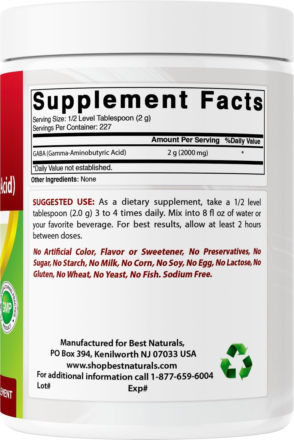 Best Naturals GABA (Gamma-Aminobutírico) Polvo Puro 1 Libra (454 g)