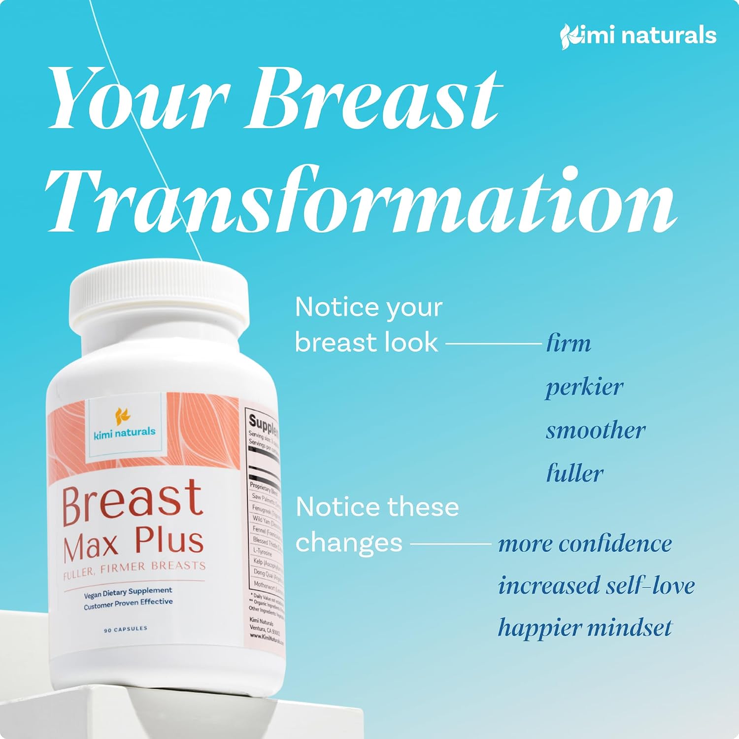 KIMI Naturals Breast Max Plus - Suplemento para el Aumento de Pecho con Fenogreco, 90 Cápsulas