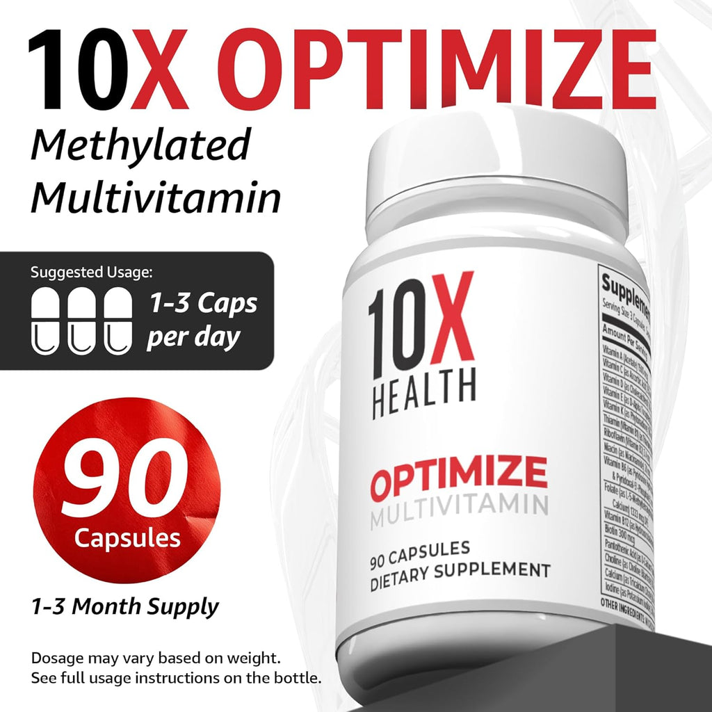 10X Health Optimize Multivitamínico Metilado para Hombres y Mujeres - 90 Cápsulas, Fórmula 34 en 1 con 800 mcg de Vitamina B12, 5-MTHF, NAC - Complejo B Metilado