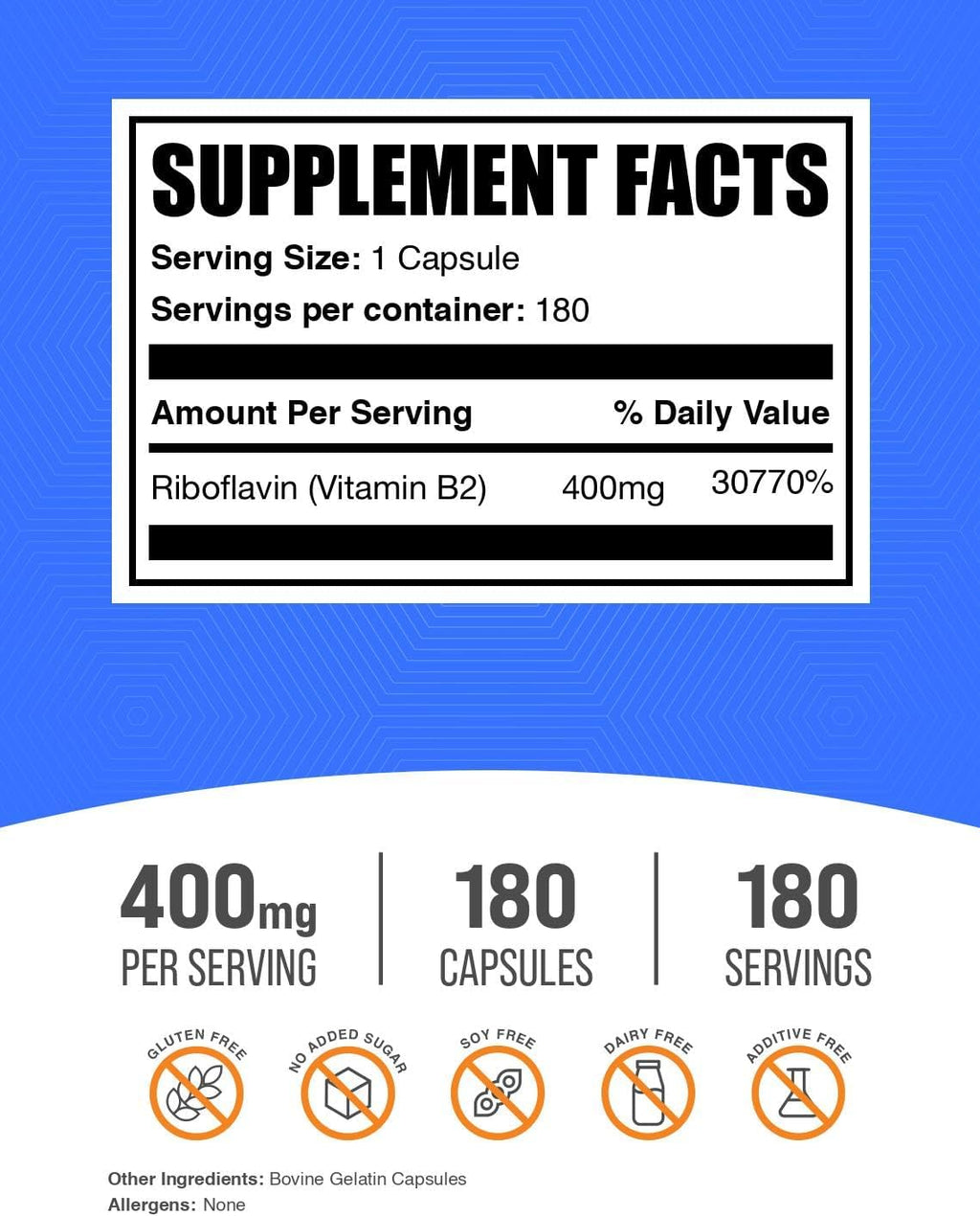 BulkSupplements Riboflavina 400 mg - Vitamina B2 - 180 cápsulas