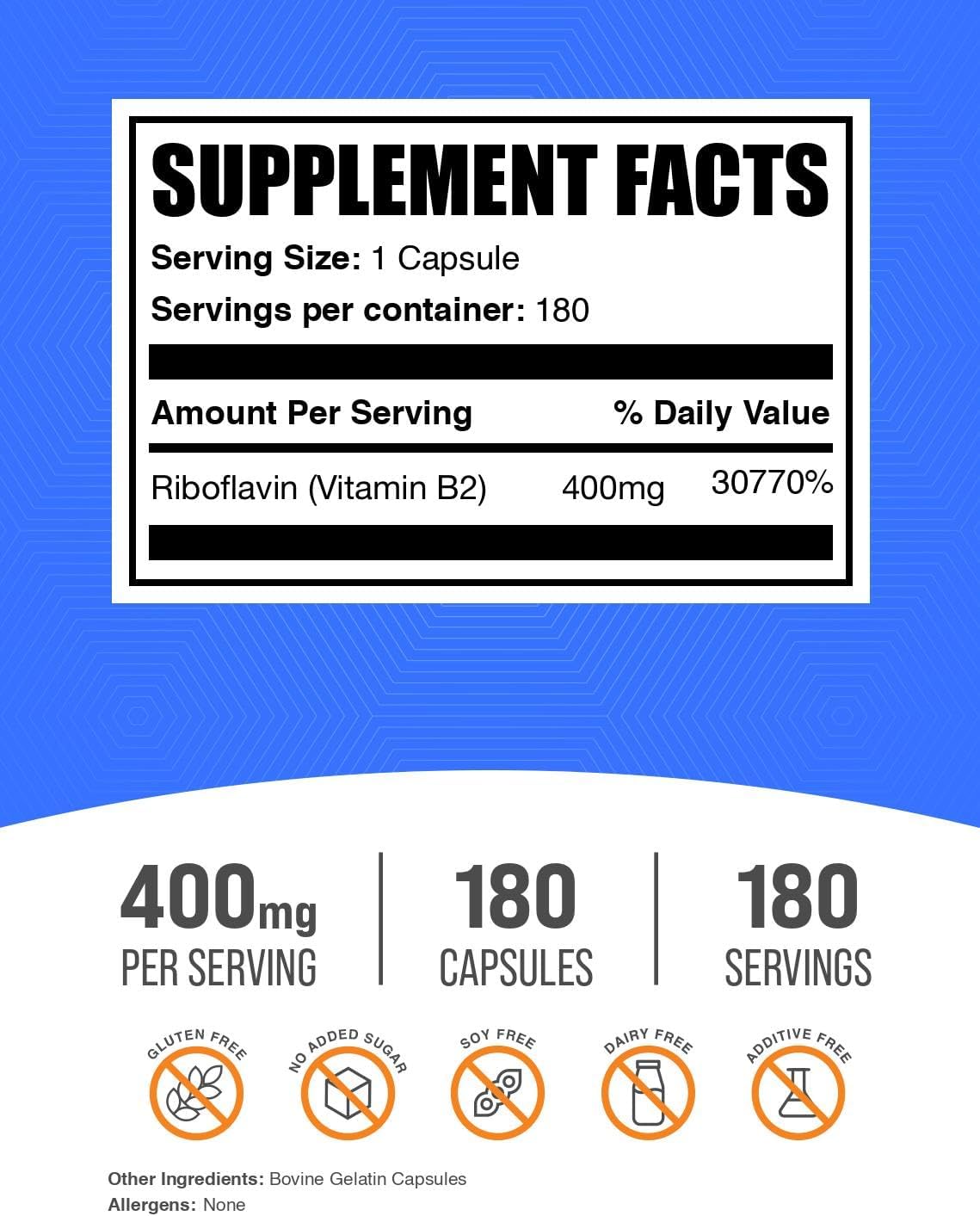 BulkSupplements Riboflavina 400 mg - Vitamina B2 - 180 cápsulas