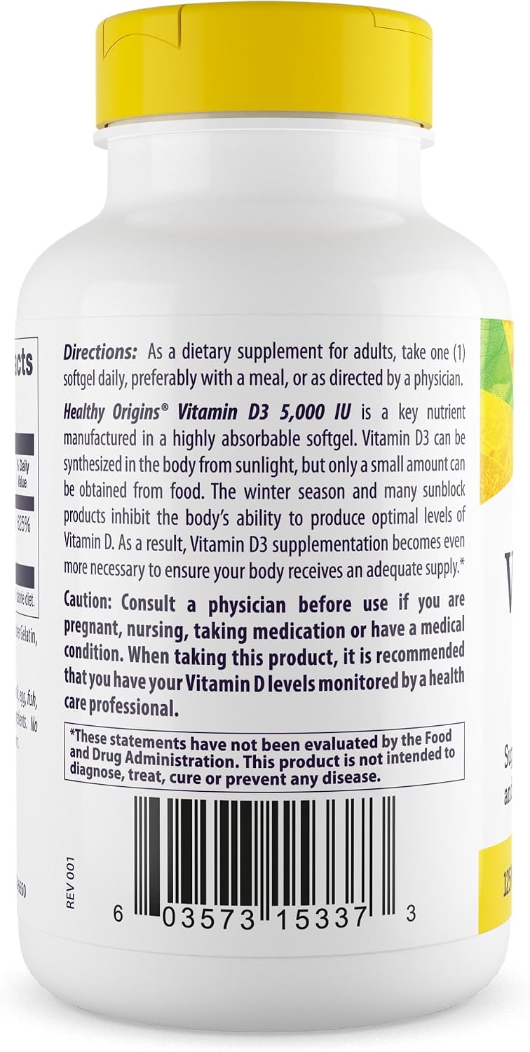 Healthy Origins Vitamina D3 5000 UI (Lanolina) - 360 Cápsulas Blandas
