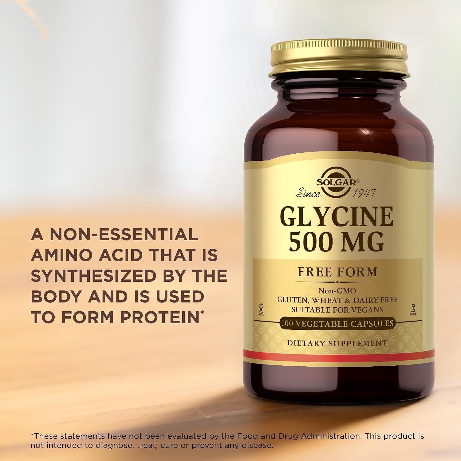Solgar Glycine 500 mg - 100 Cápsulas Vegetales - No Transgénico, Vegano, Sin Gluten, Sin Lácteos, Kosher