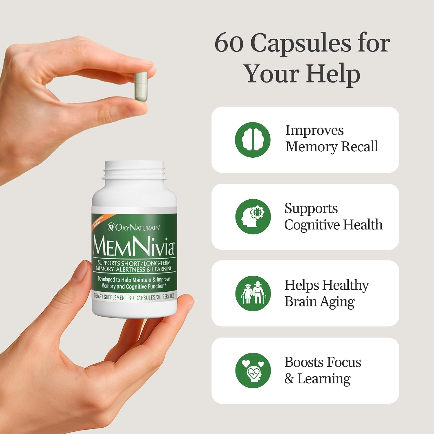 MemNivia Suplemento para la Memoria y Concentración | Fórmula con Cognivia®, Bacopa, Albahaca Santa y Jengibre | 60 Cápsulas