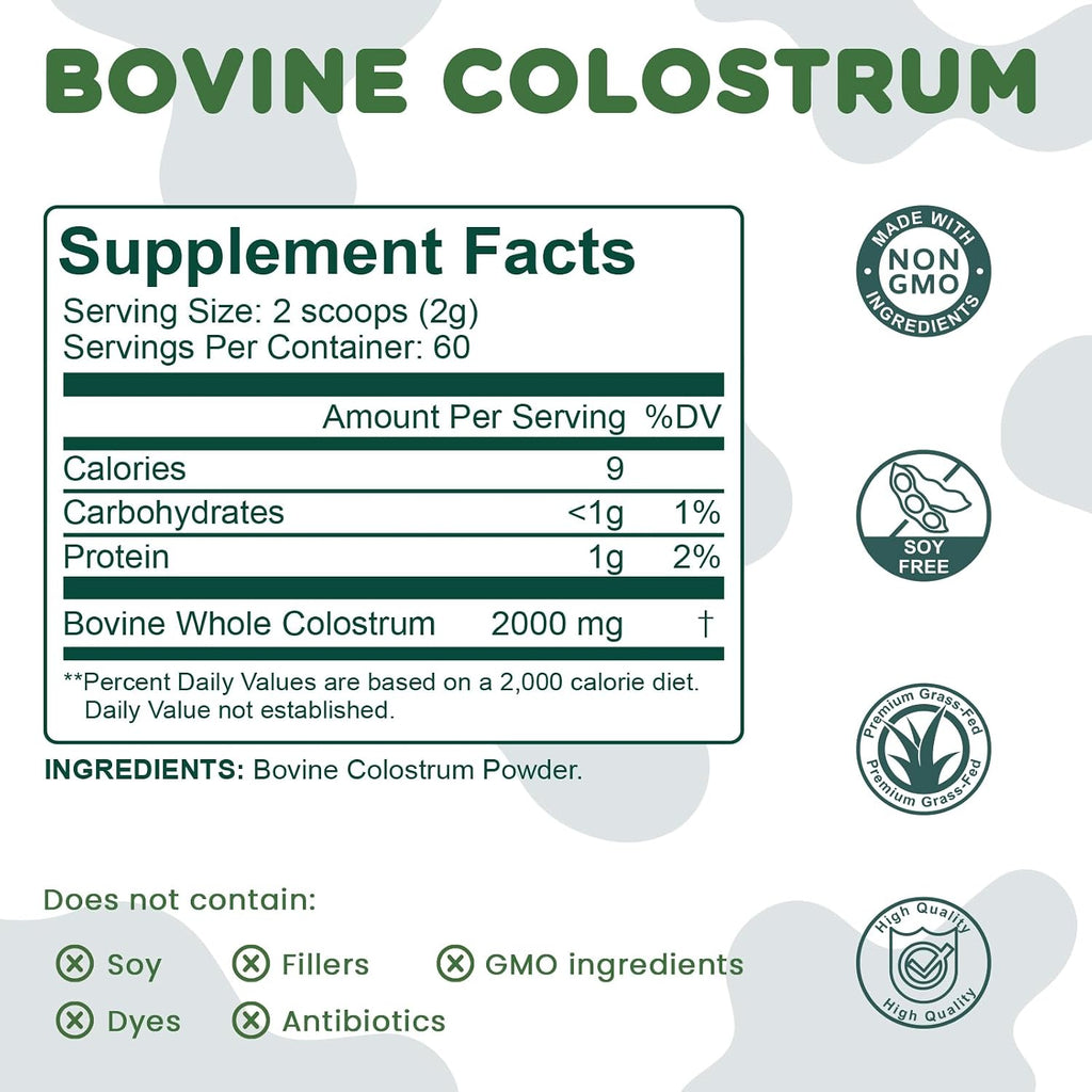 Bovine Colostrum Supplement Powder 50% IgG Premium Bovine Colostrum for Gut Health Support, Immune Support, Muscle Recovery & Overall Wellness, Grass Fed, Non-GMO, Unflavored, 60 Servings