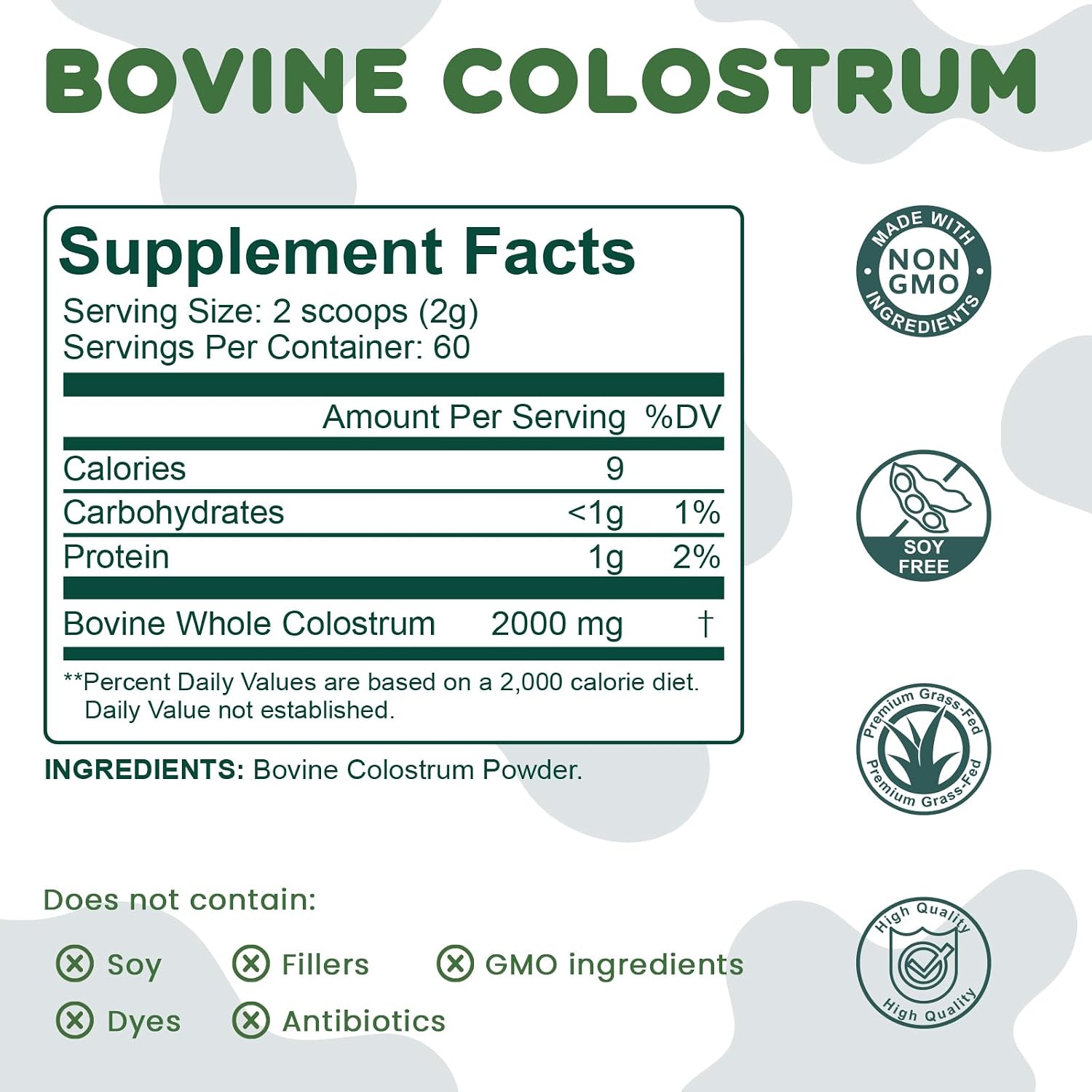 Bovine Colostrum Supplement Powder 50% IgG Premium Bovine Colostrum for Gut Health Support, Immune Support, Muscle Recovery & Overall Wellness, Grass Fed, Non-GMO, Unflavored, 60 Servings