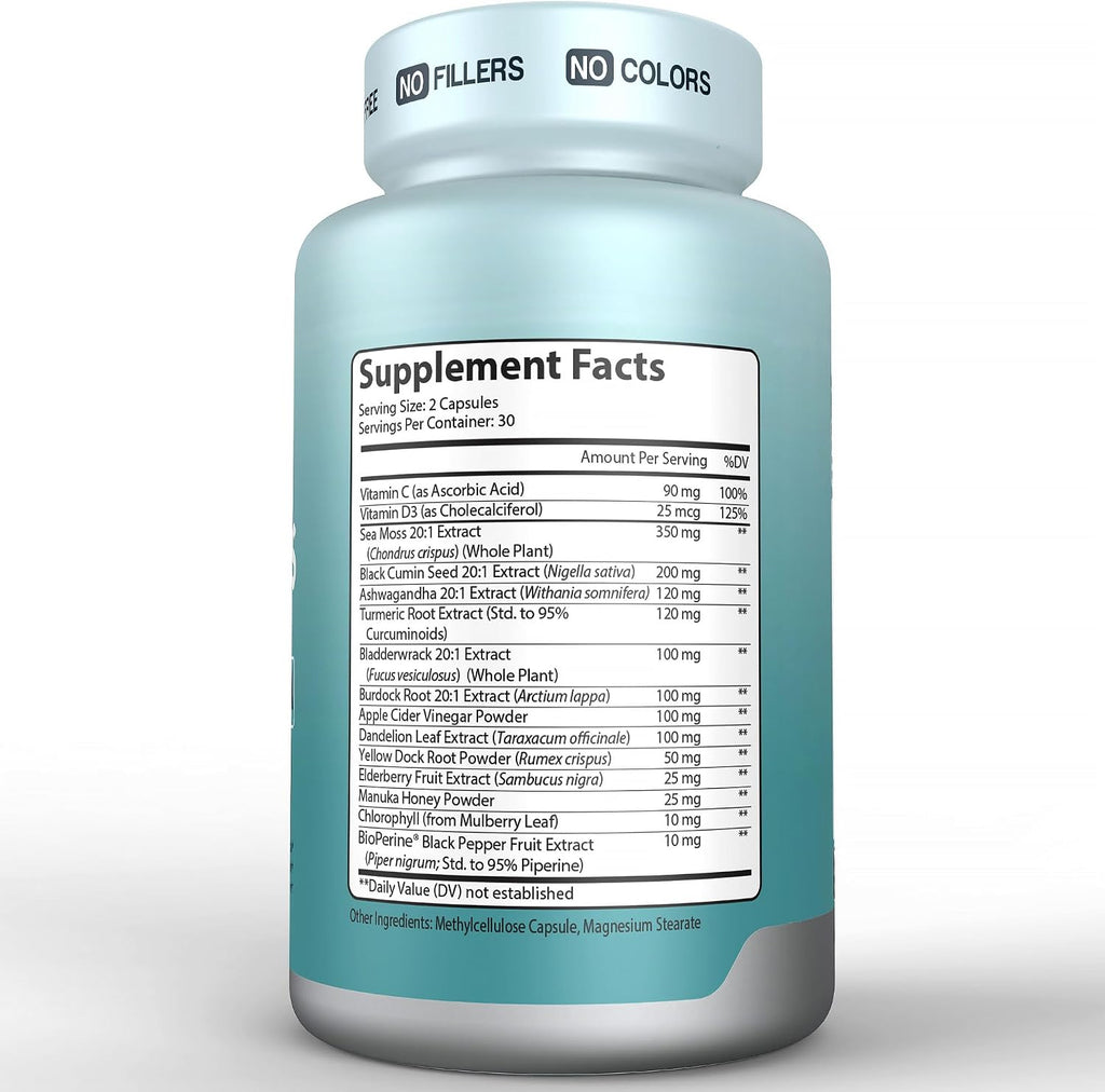 Herbtonics Sea Moss, Black Cumin Seed, Ashwagandha, Burdock Root & ACV Complex | Apoyo Inmunidad, Estrés y Digestión | 60 Cápsulas