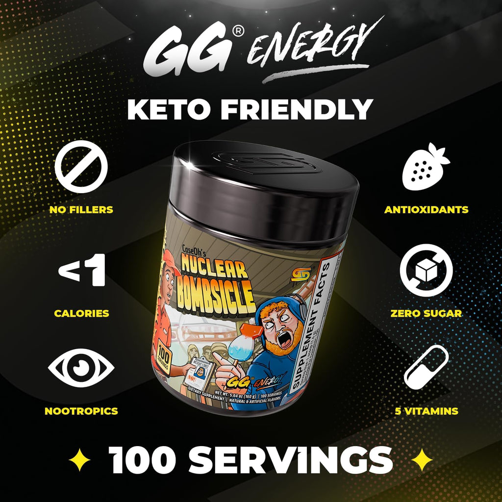 Gamer Supps GG Energy - CaseOh's Nuclear Bombsicle (100 Servings) - Keto Friendly Gaming Energy and Nootropic Blend, Sugar Free + Caffeine + Vitamins + Immune Support, Powder Drink