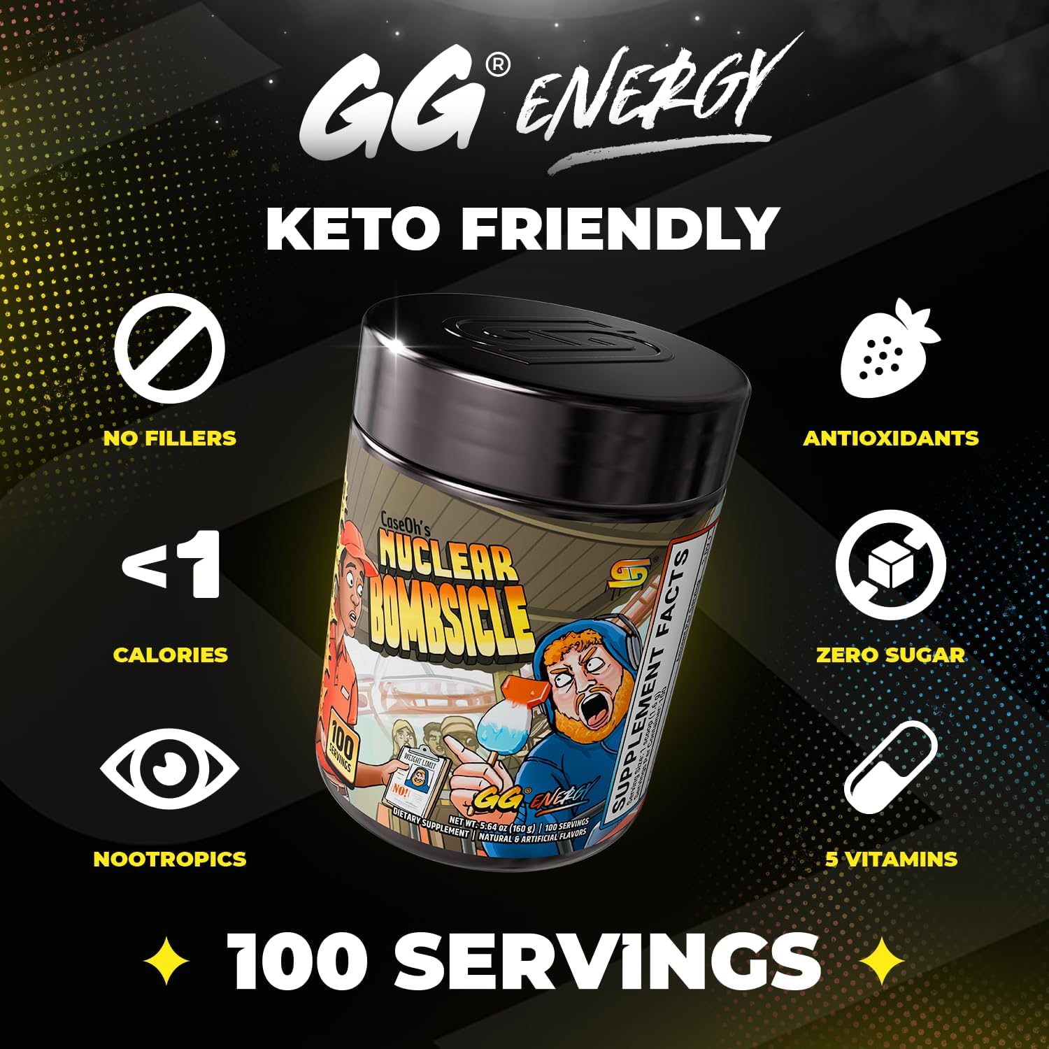 Gamer Supps GG Energy - CaseOh's Nuclear Bombsicle (100 Servings) - Keto Friendly Gaming Energy and Nootropic Blend, Sugar Free + Caffeine + Vitamins + Immune Support, Powder Drink