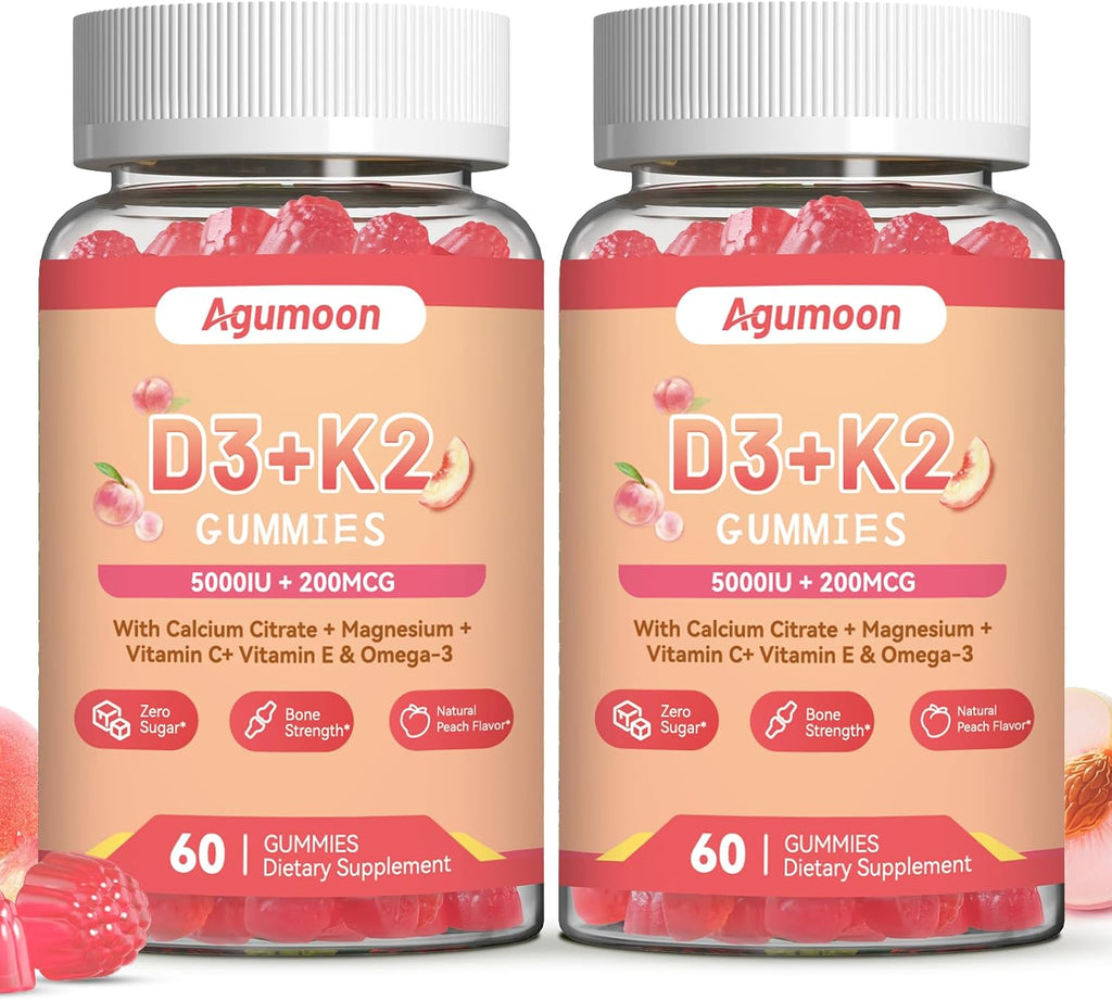 Agumoon Vitamina D3 K2 Gomitas para Adultos - 5000IU D3 + 200mcg K2 (MK-7) con Calcio, Magnesio, Omega-3 - 120 Gomitas