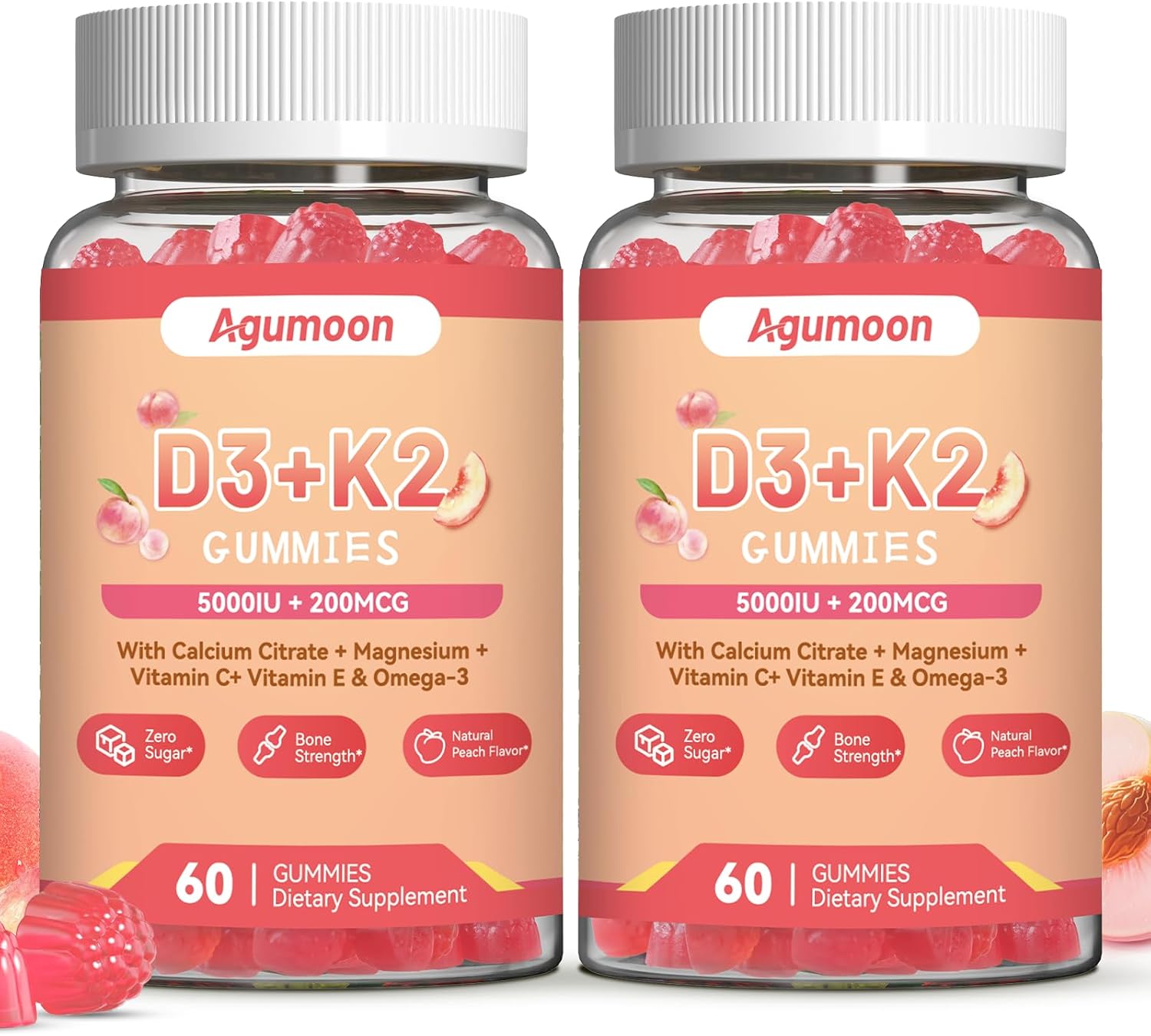 Agumoon Vitamina D3 K2 Gomitas para Adultos - 5000IU D3 + 200mcg K2 (MK-7) con Calcio, Magnesio, Omega-3 - 120 Gomitas
