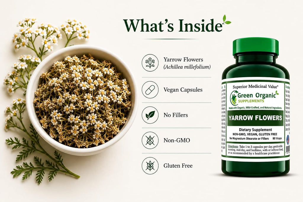 Yarrow Flower (Milenrama), 90 Cápsulas Vegetales, No OGM, Sin Gluten
