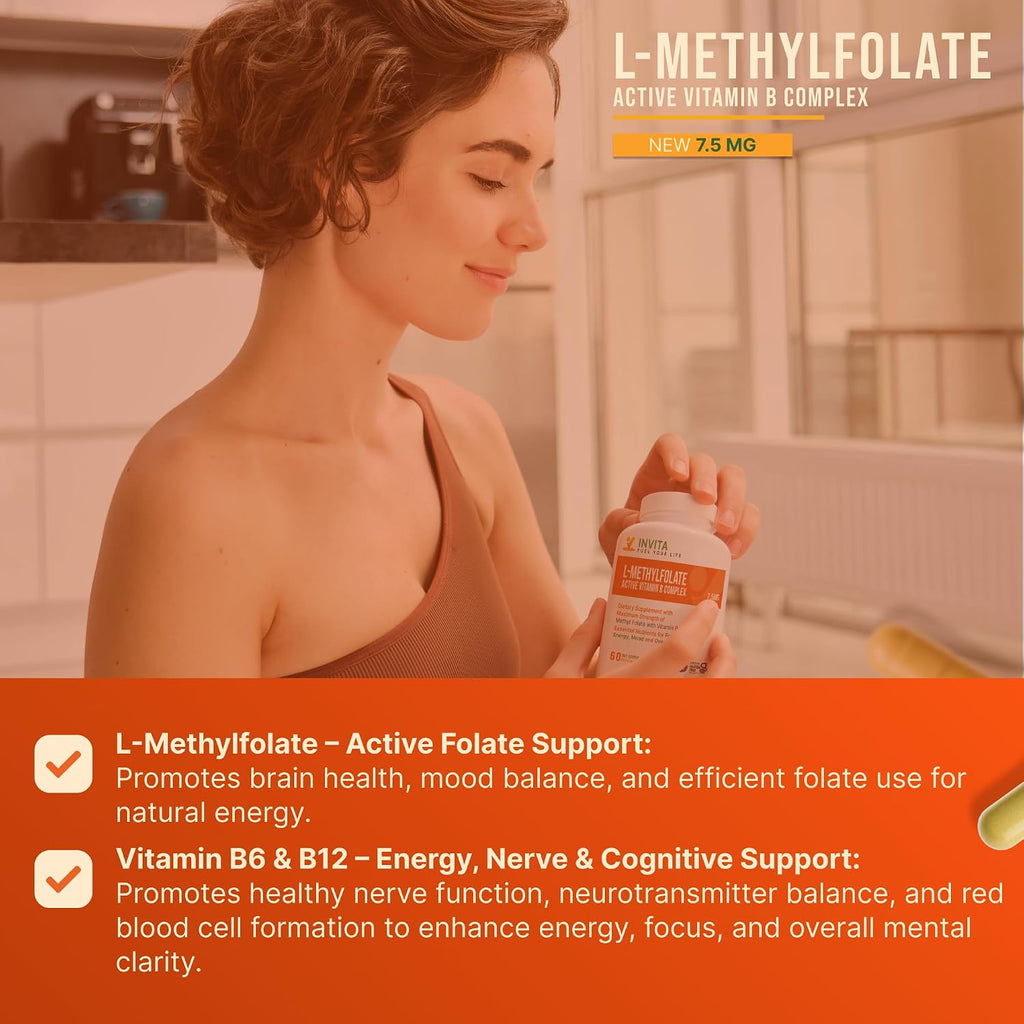 INVITA, L-Metilfolato 7.5 mg + Complejo B Activo – 60 Cápsulas – Suplemento 5-MTHF con Vitamina B6 y B12 Metilcobalamina – No-GMO, Sin Gluten, 2 Meses