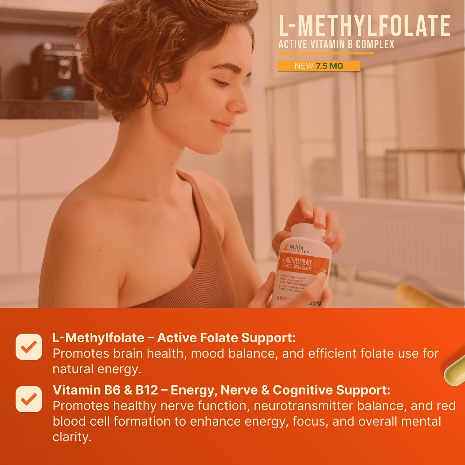 INVITA, L-Metilfolato 7.5 mg + Complejo B Activo – 60 Cápsulas – Suplemento 5-MTHF con Vitamina B6 y B12 Metilcobalamina – No-GMO, Sin Gluten, 2 Meses