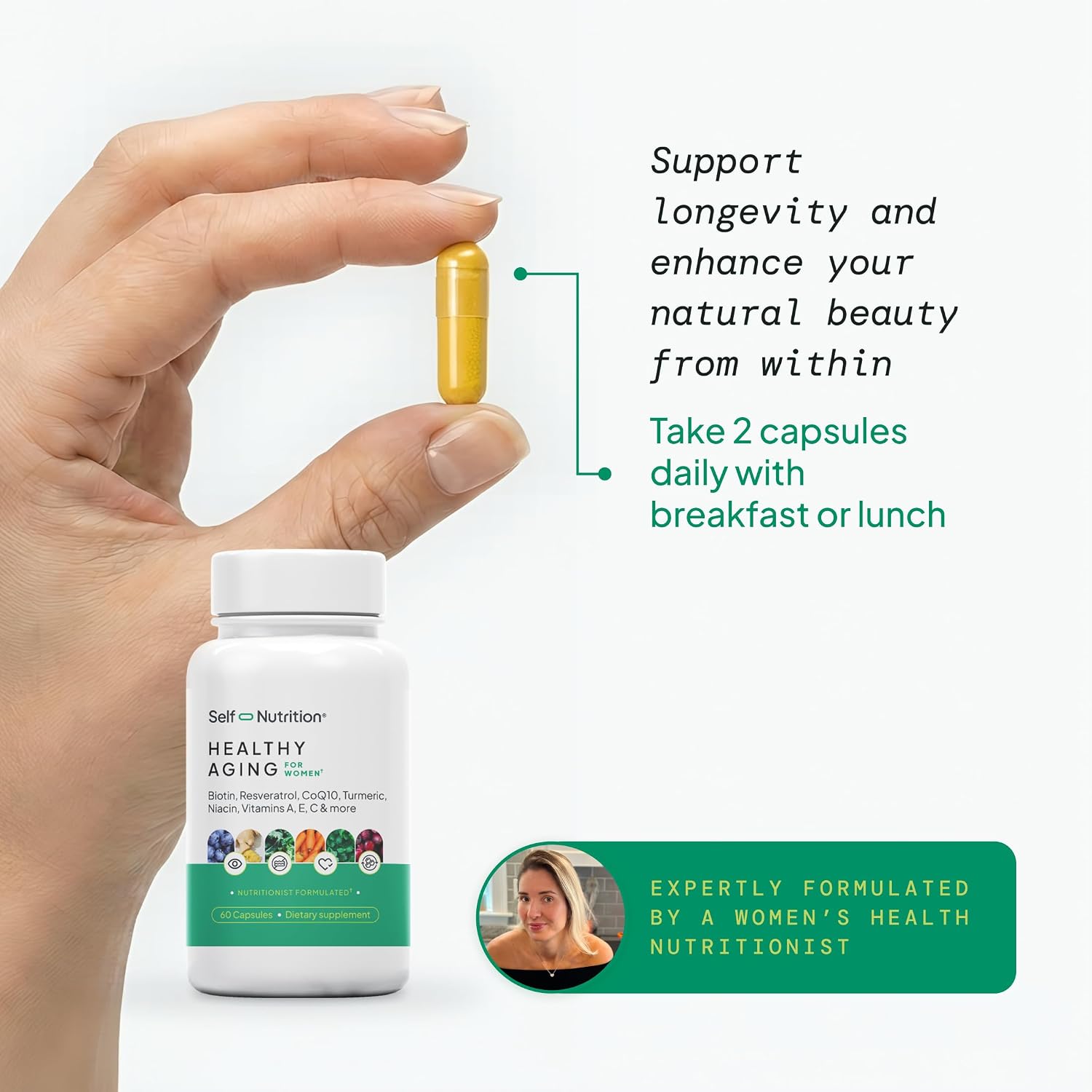 SELF NUTRITION NAD+ Resveratrol para Mujer con CoQ10, Biotina, Cúrcuma y Vitaminas A, C, E – 60 Cápsulas