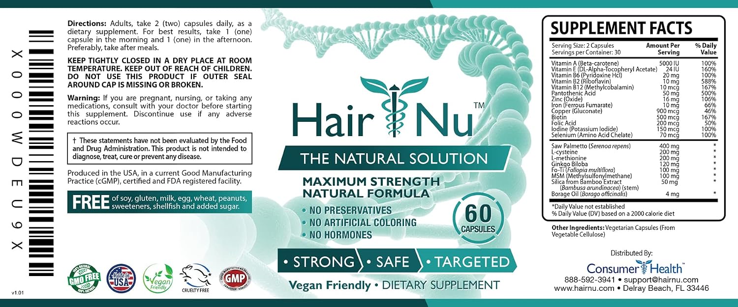 Solución natural para el crecimiento del cabello / Complemento alimenticio, 1 botella – 60 cápsulas