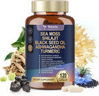 Suplemento 25-en-1 de Musgo de Mar, Aceite de Semilla Negra, Ashwagandha, Jengibre y Shilajit - 120 Cápsulas Veganas