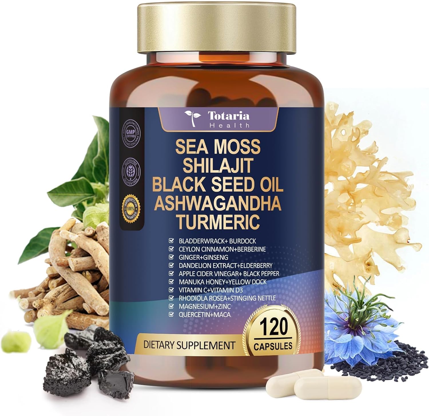 Suplemento 25-en-1 de Musgo de Mar, Aceite de Semilla Negra, Ashwagandha, Jengibre y Shilajit - 120 Cápsulas Veganas