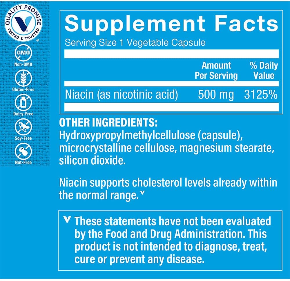 The Vitamin Shoppe Niacina 500 mg con Apoyo del Colesterol - 100 Cápsulas Vegetales