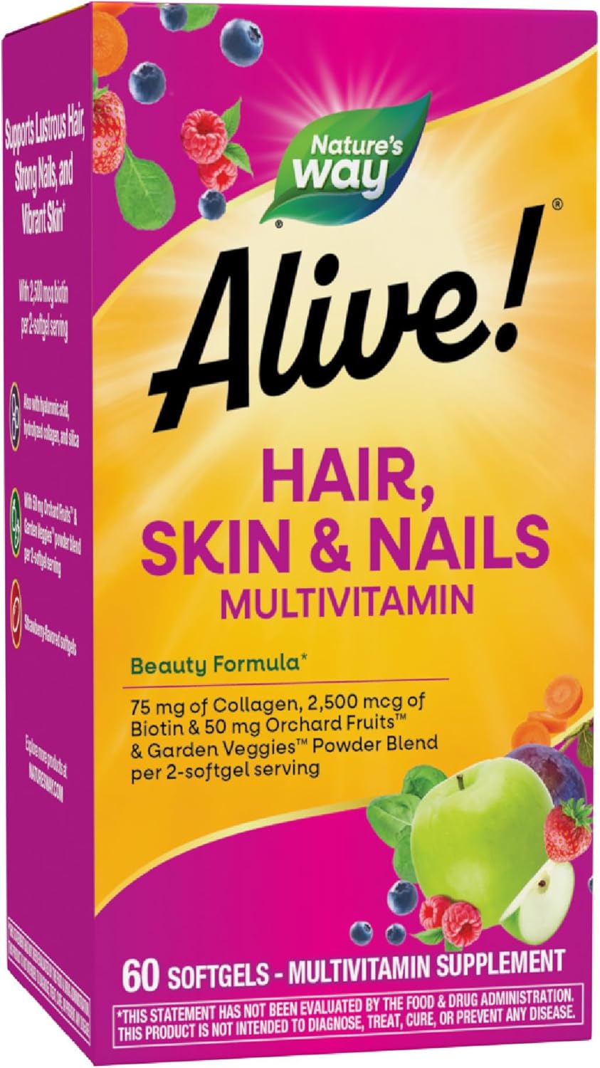 Nature's Way Alive! Cabello, Piel y Uñas con Colágeno 75 mg y Biotina 2500 mcg, 60 cápsulas blandas