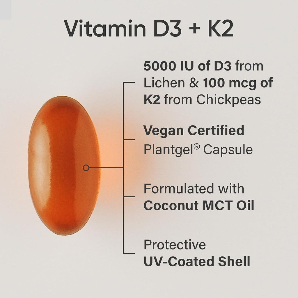 Sports Research Vitamina D3 + K2 con Aceite de Coco - 5000 UI (125 mcg) D3 Vegana + 100 mcg K2 MK-7 - 30 Cápsulas Blandas