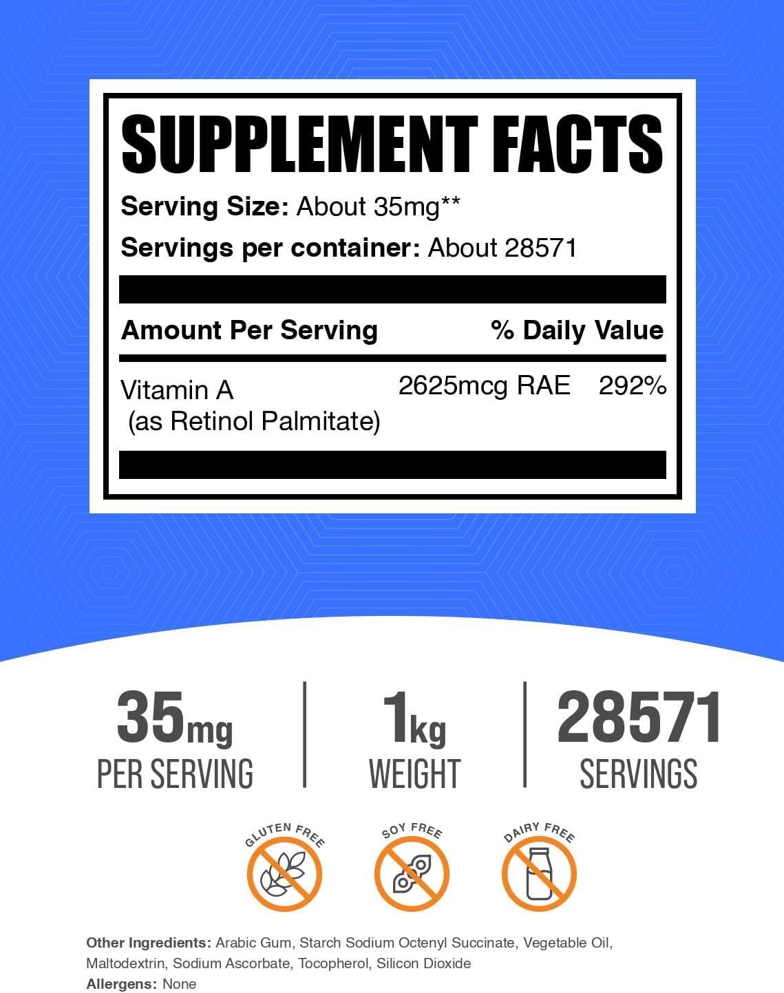 BulkSupplements.com Vitamina A, palmitato de retinol en polvo, 1 kg