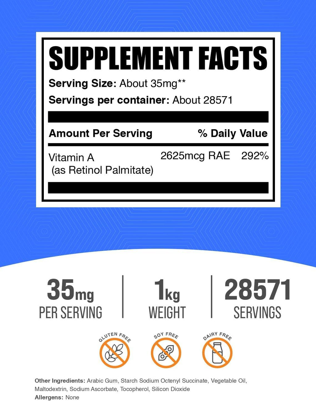 Vitamina A Palmitato en Polvo (Retinol Palmitato) - 35 mg por ración, 1 kg