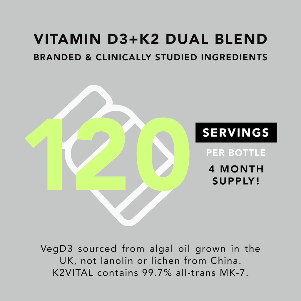 AMANDEAN Vitamina D3 K2 Vegana 5000 UI con K2 MK-7, 120 Cápsulas Blandas