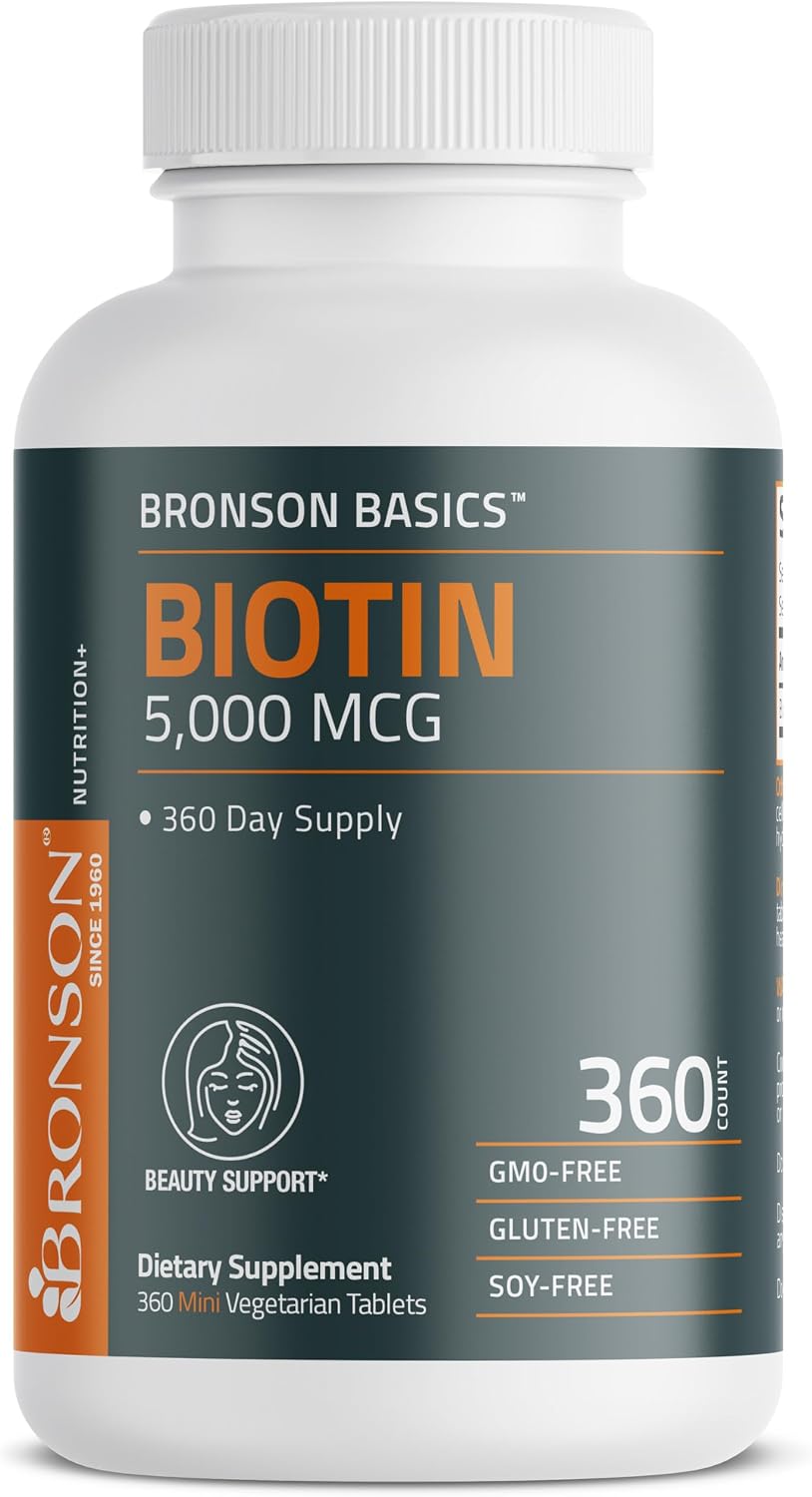 Bronson Biotina 5000 mcg - 360 Comprimidos Vegetarianos - Apoyo para Cabello, Piel y Uñas