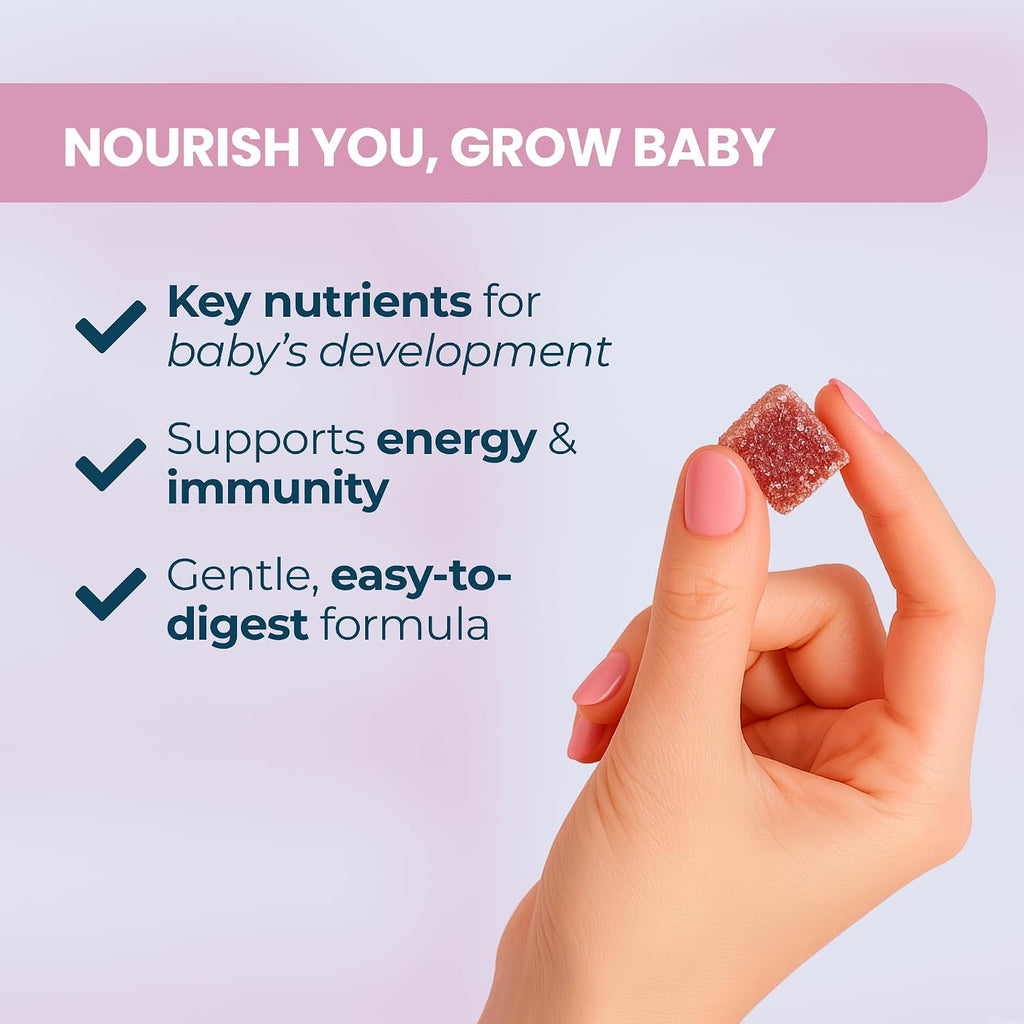 Baby Blues Gominolas Prenatales – Multivitamínico con DHA y Ácido Fólico, Sin Hierro, Sabor Limonada de Frambuesa (60 Gominolas)