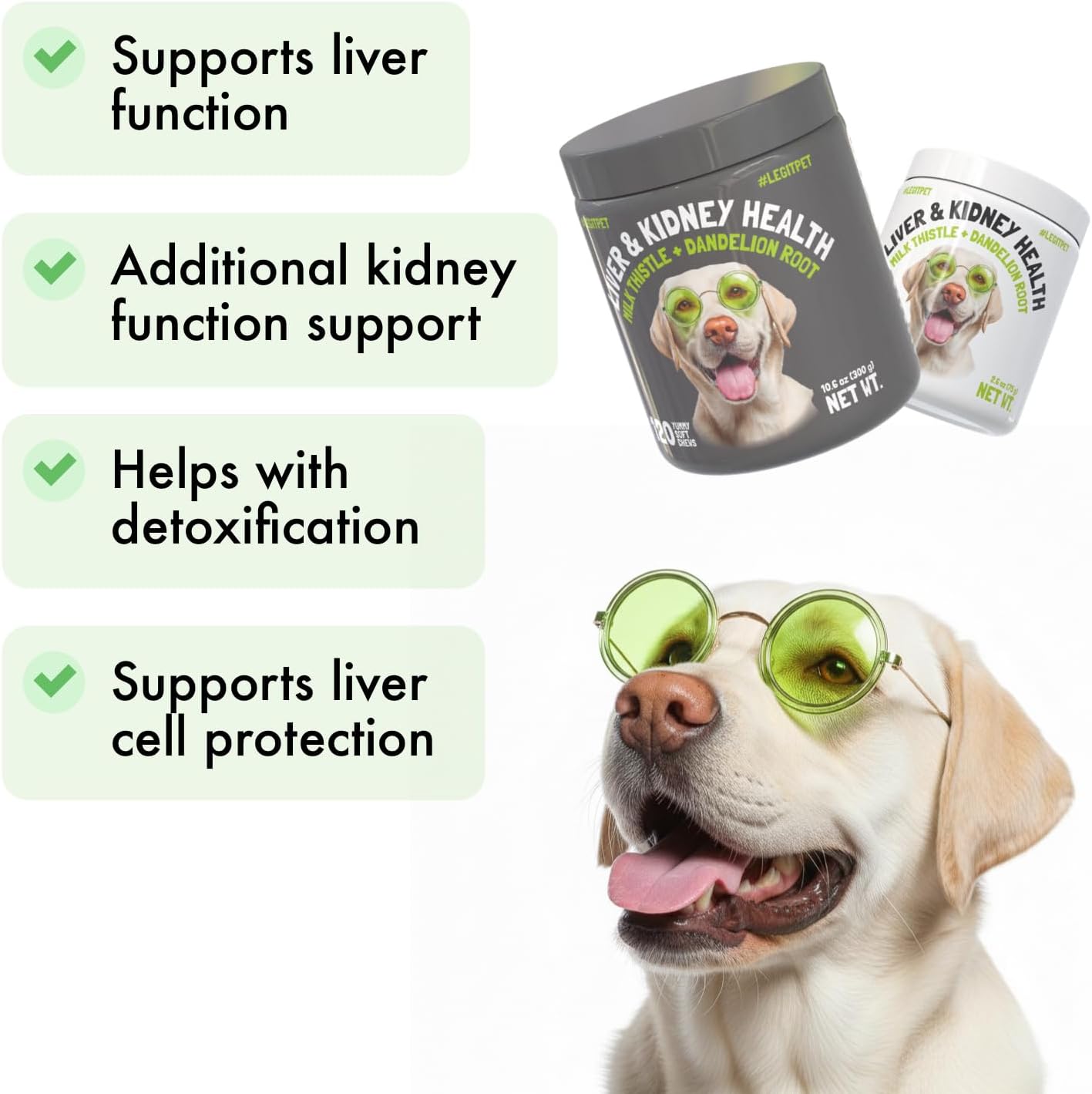 LEGITPET Complemento Hepático y Renal para Perros con Cardo Mariano, Diente de León y Cúrcuma - 30 Chewables