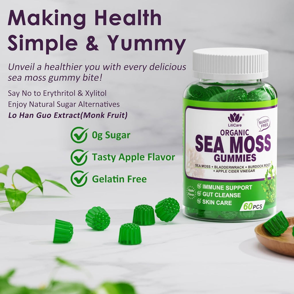 Sea Moss Gummies (2 Pack) - Gomitas de Musgo Marino Irlandés con Bladderwrack, Bardana y Vinagre de Manzana - Suplemento Superfood Vegano Sin Azúcar para Adultos y Niños