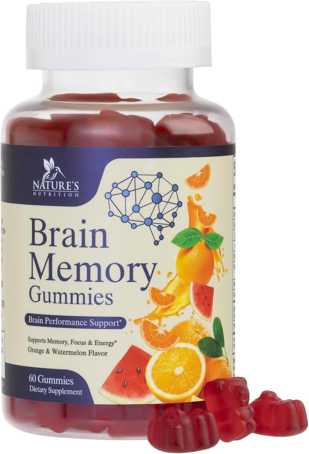 Nature's Nutrition Gominolas para el Cerebro - 3X Fuerza con Fosfatidilserina, B6, B12 y Nootrópicos para Memoria, Enfoque y Concentración - 60 Gominolas