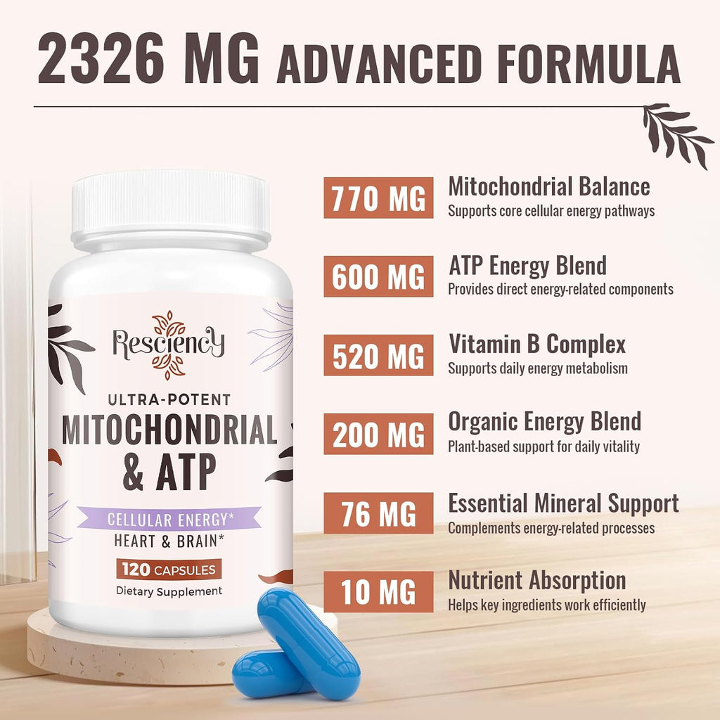 Resciency 2326 MG Suplemento Mitocondrial con ATP, CoQ10 y PQQ, 240 Cápsulas