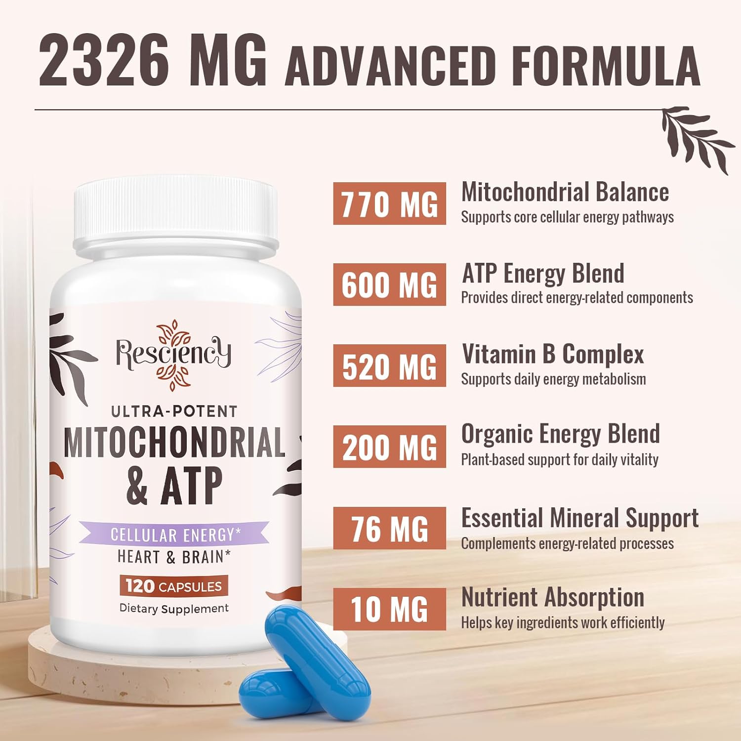 Resciency Suplemento Mitocondrial 2326 mg - ATP, CoQ10, PQQ, Vitaminas - 120 Cápsulas