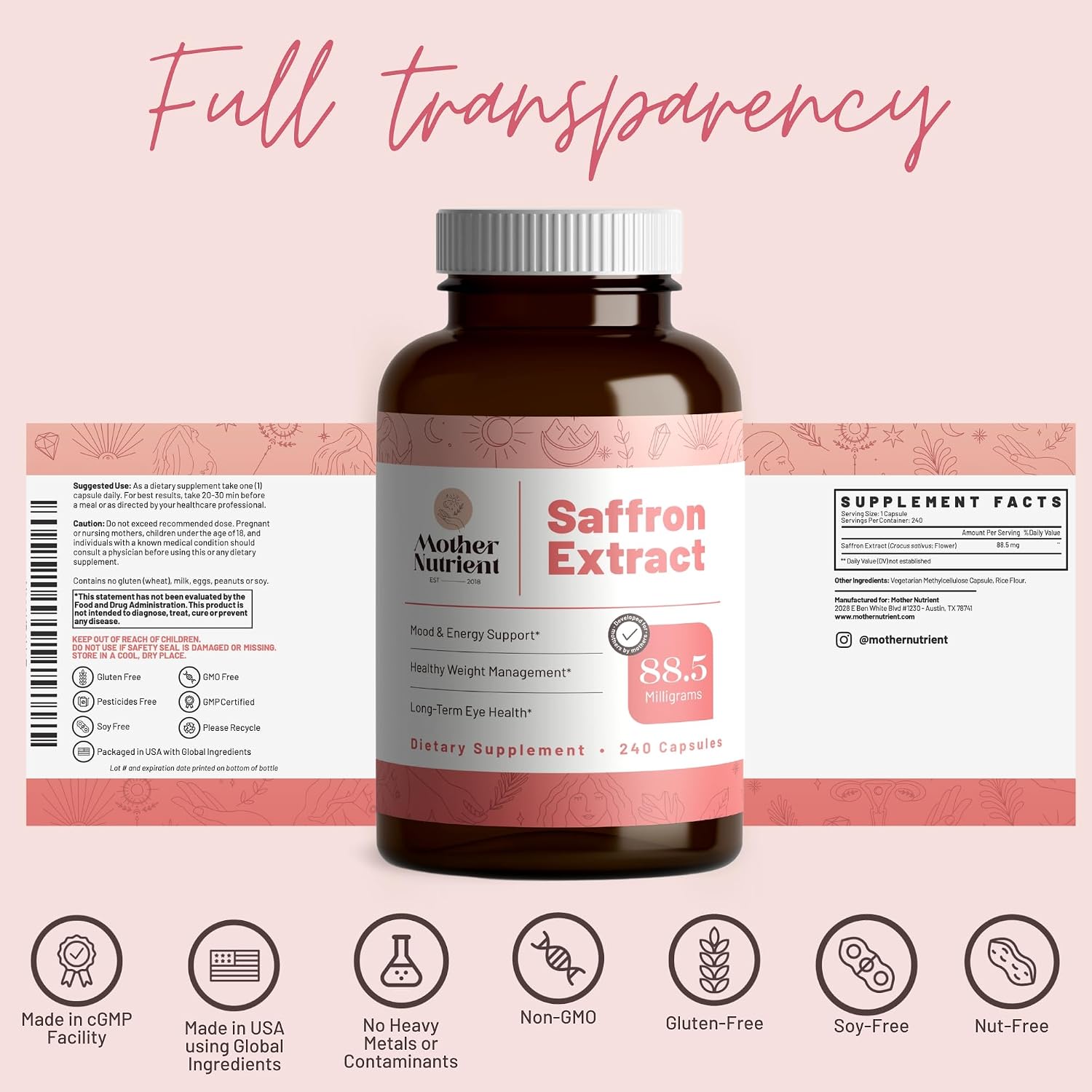 Suplemento de Extracto de Azafrán Puro Mother Nutrient, 88.5 mg por Cápsula, 240 Cápsulas Veganas, 7 Meses de Suministro