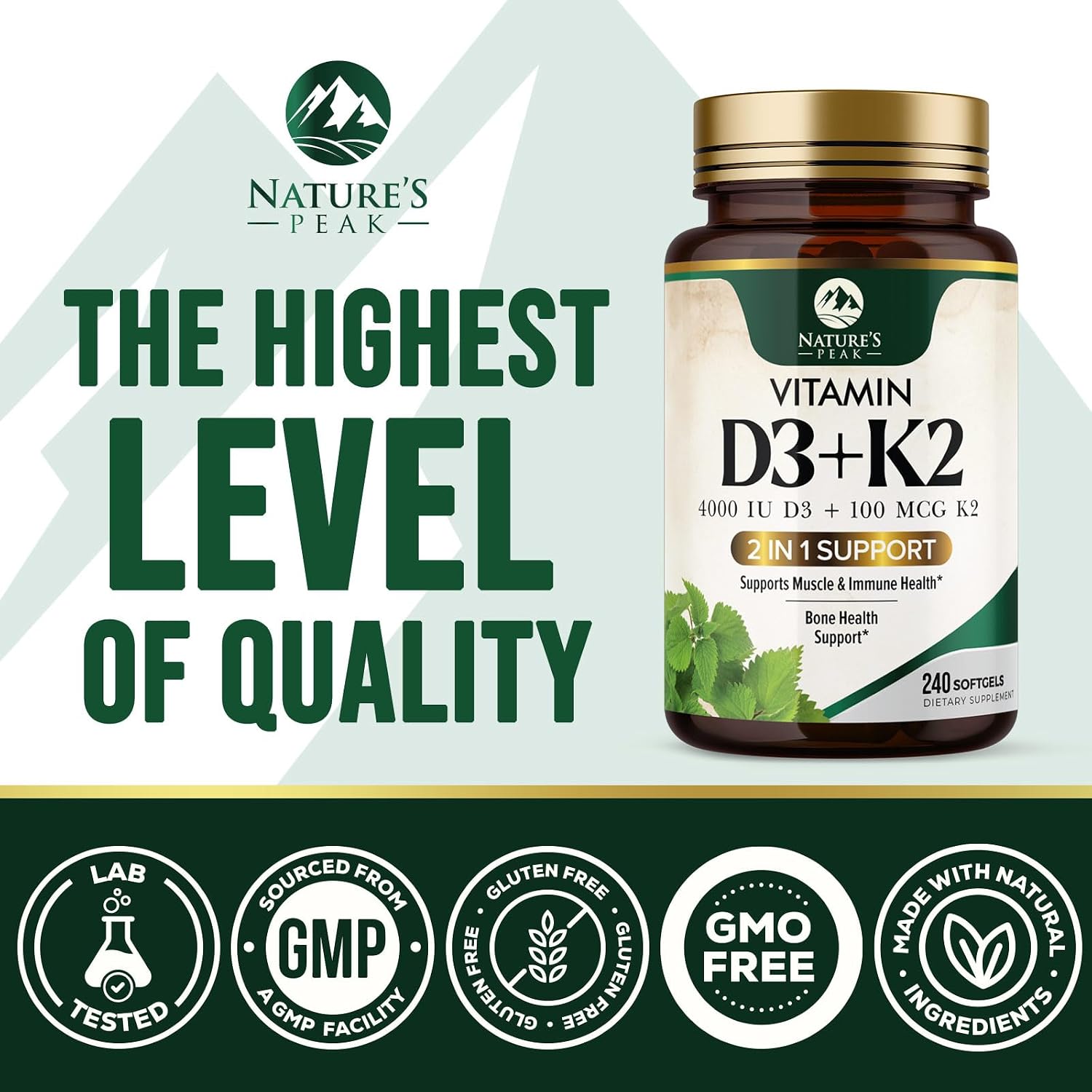Nature's Peak Vitamina D3 K2 - 4000 UI D3 + K2 MK7 - 240 Cápsulas Blandas