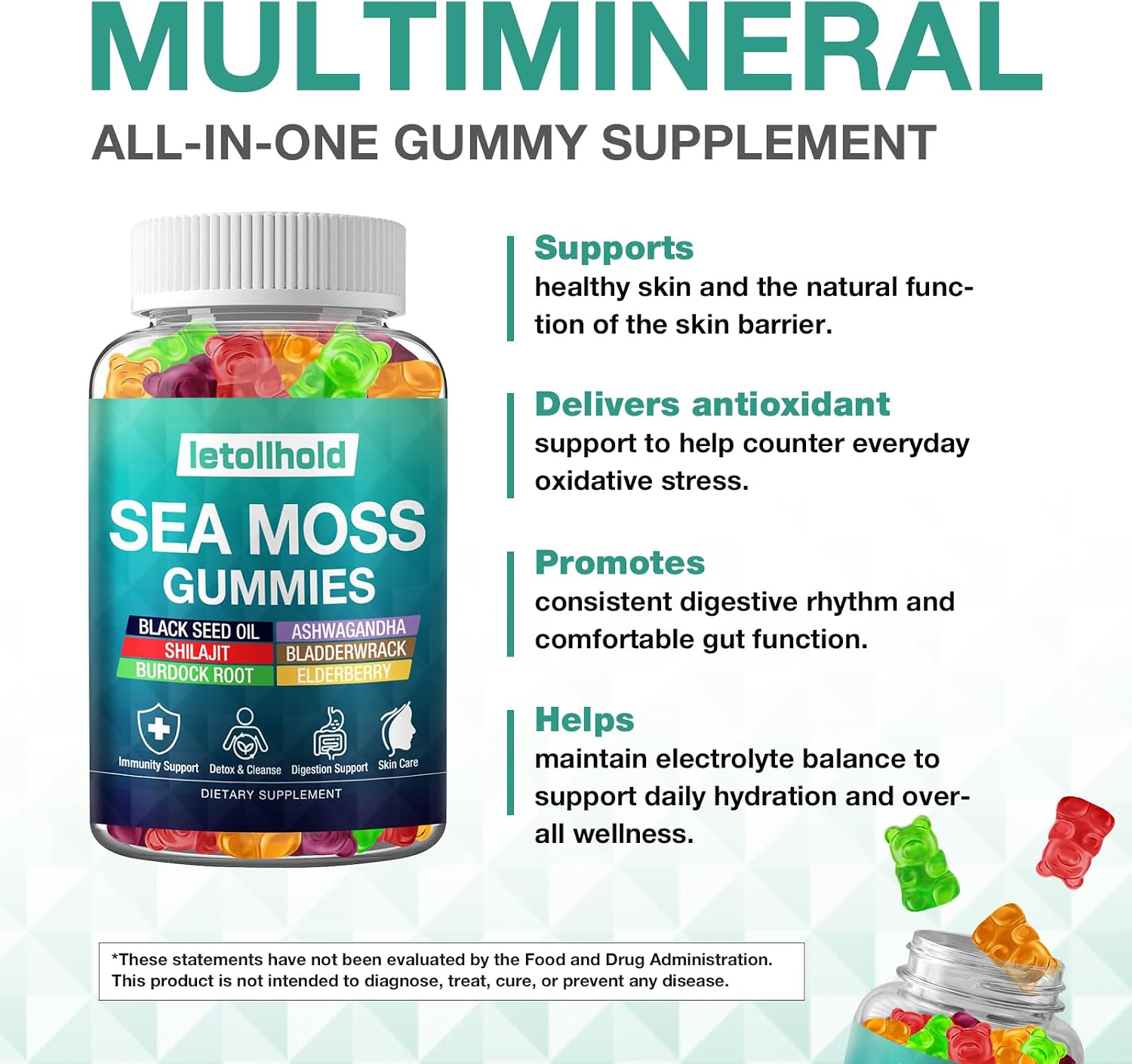 Sea Moss Gummies con Ashwagandha, Bladderwrack y Burdock Root - 60 Gominolas Veganas (2 Envases)