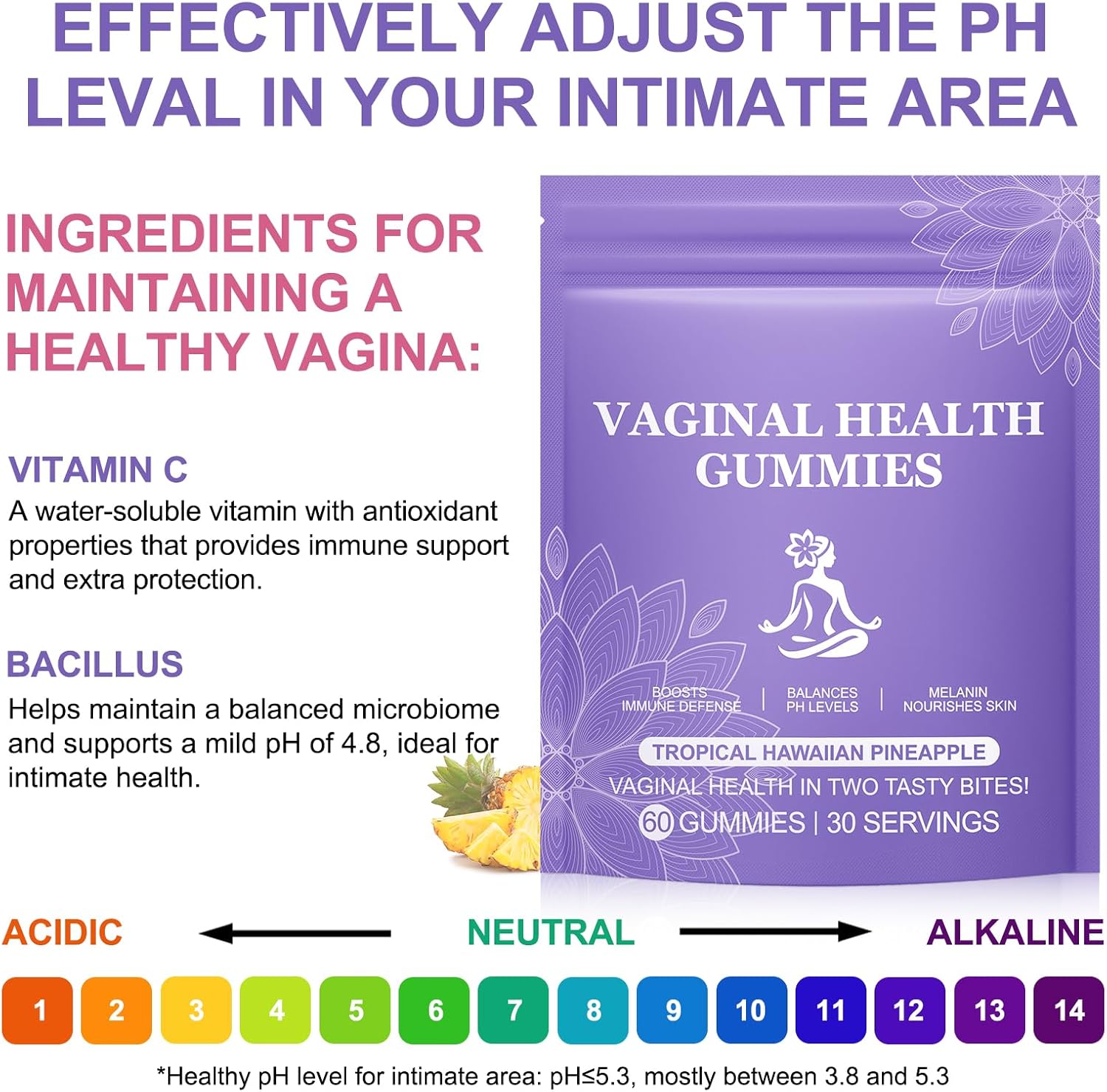 Premium Feminine Balance Gummies - Probióticos Femeninos con Vitamina C y Sabor a Piña