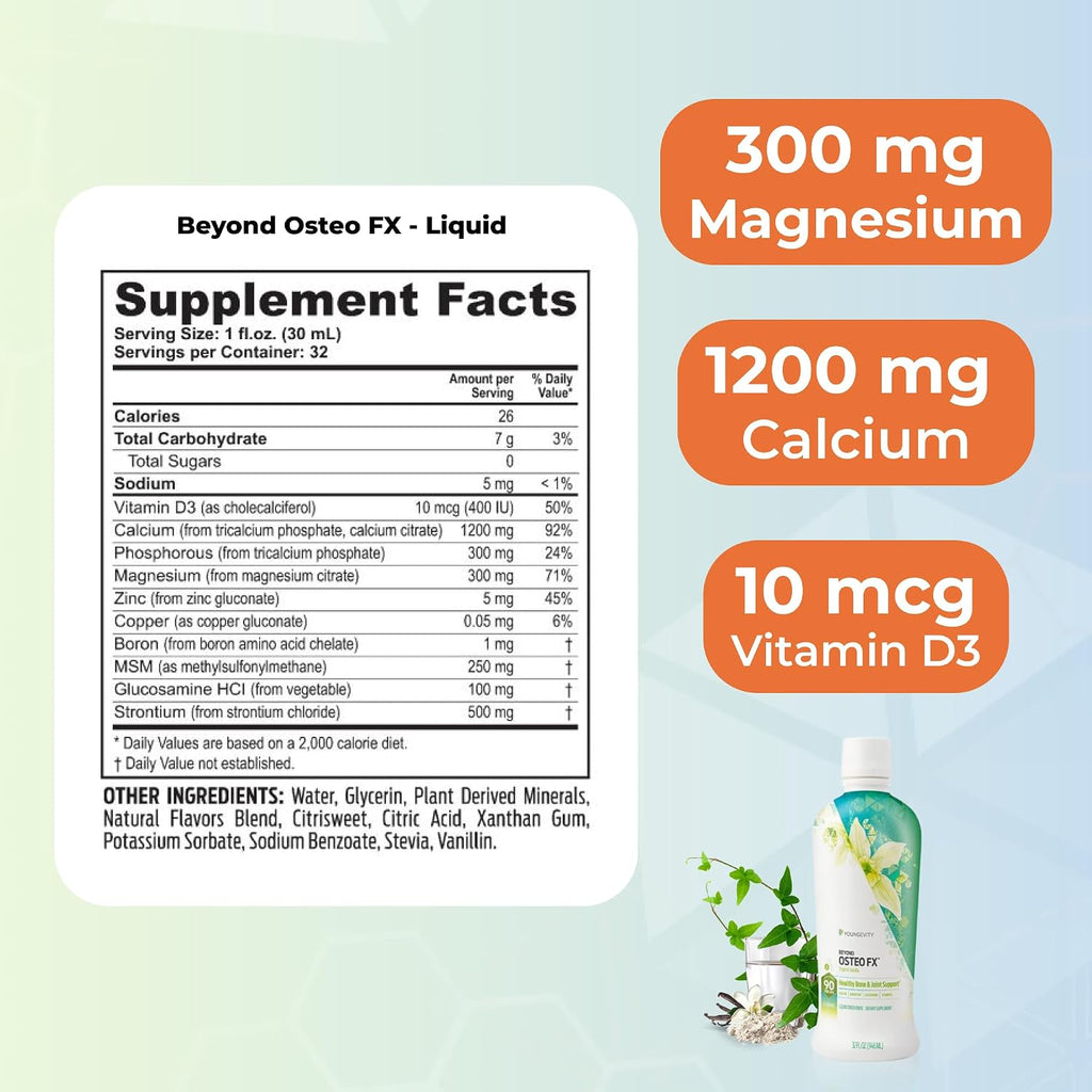 Youngevity Beyond Osteo-FX Líquido - Calcio y Magnesio 1200/300 mg + Vitamina D3, Zinc, MSM, Glucosamina + 77 Minerales Traza - Suplemento para Huesos (Paquete de 4 x 946 ml)