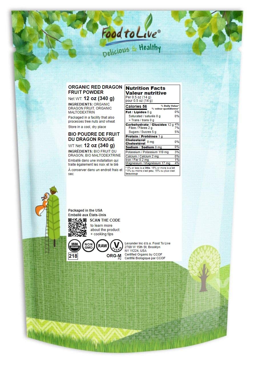 Food to Live Polvo de Zumo de Fruta de Dragón Orgánico - Pitaya Roja en Polvo - 340 g