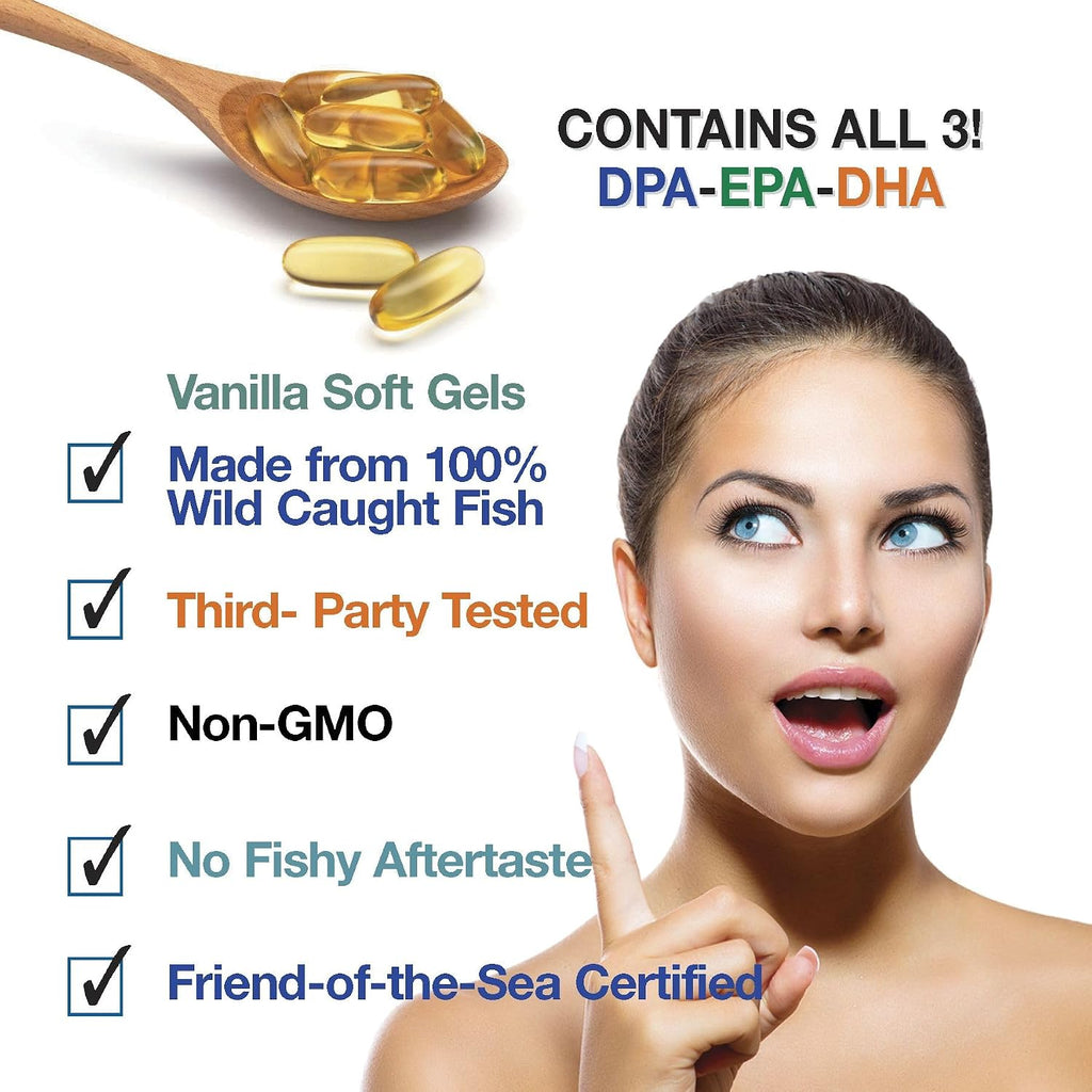 Triple Strength Fish Oil - Aceite de Pescado Omega 3 con DPA, EPA y DHA - 2900 mg - 90 Cápsulas Blandas - Sabor Vainilla