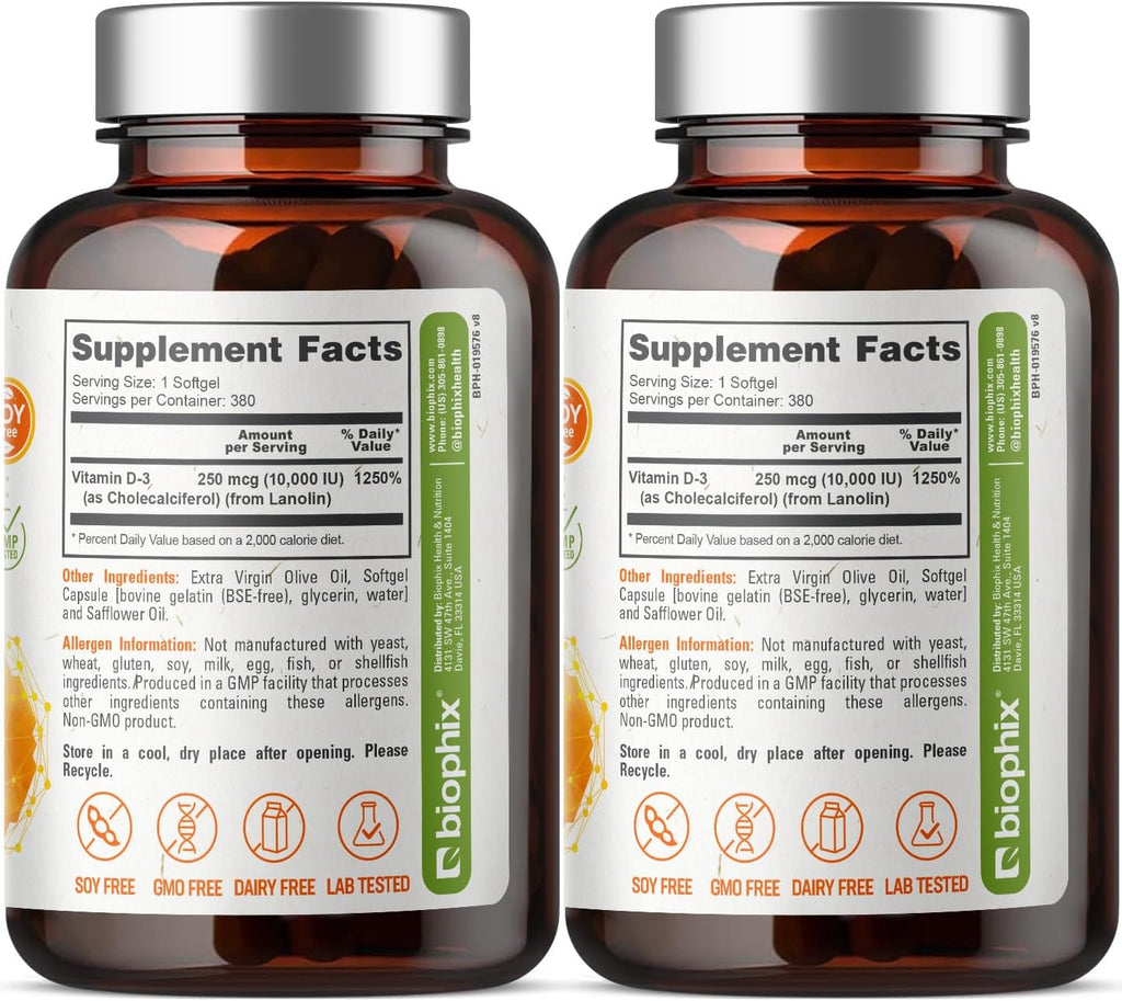 biophix Vitamin D3 10000 IU 380 Capsules (2 Bottles) - High Potency in Extra Virgin Olive Oil - Non-GMO, Soy-Free