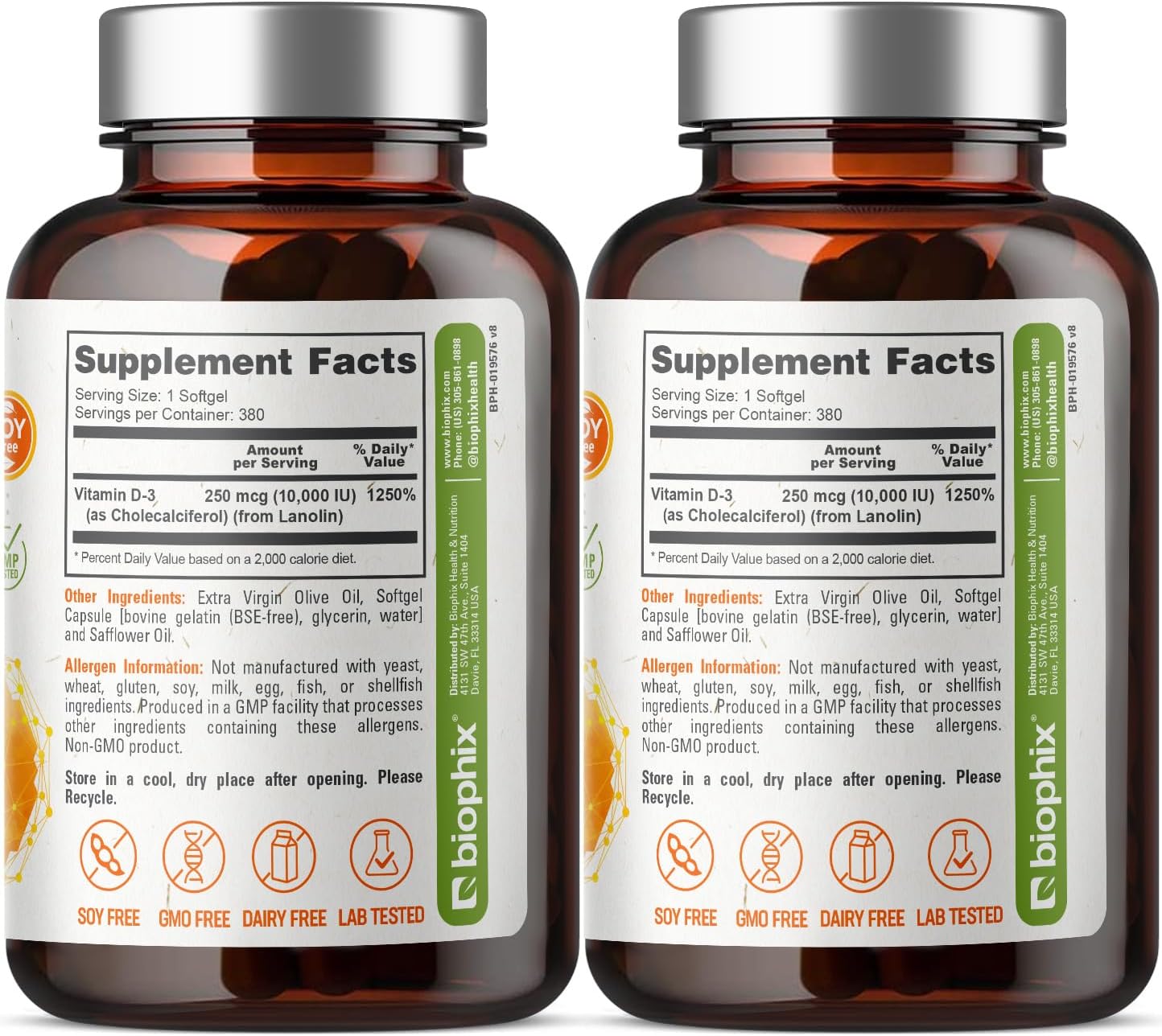 biophix Vitamin D3 10000 IU 380 Capsules (2 Bottles) - High Potency in Extra Virgin Olive Oil - Non-GMO, Soy-Free