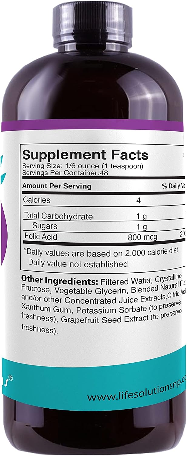 Life Solutions Ácido Fólico Líquido - 800 mcg por dosis - Sabor a Bayas, 237 ml