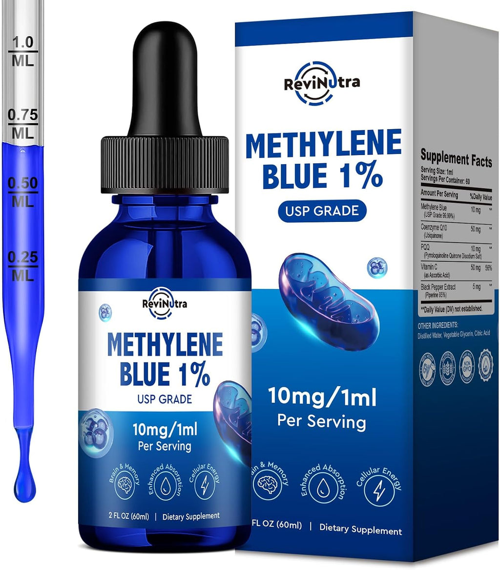 Gotas de Azul de Metileno, Grado Farmacéutico para Humanos, Suplemento Líquido para la Salud Cerebral con PQQ, CoQ10, Vitamina C, Extracto de Pimienta Negra para Apoyo Cognitivo, Grado USP 1%, 60 ml