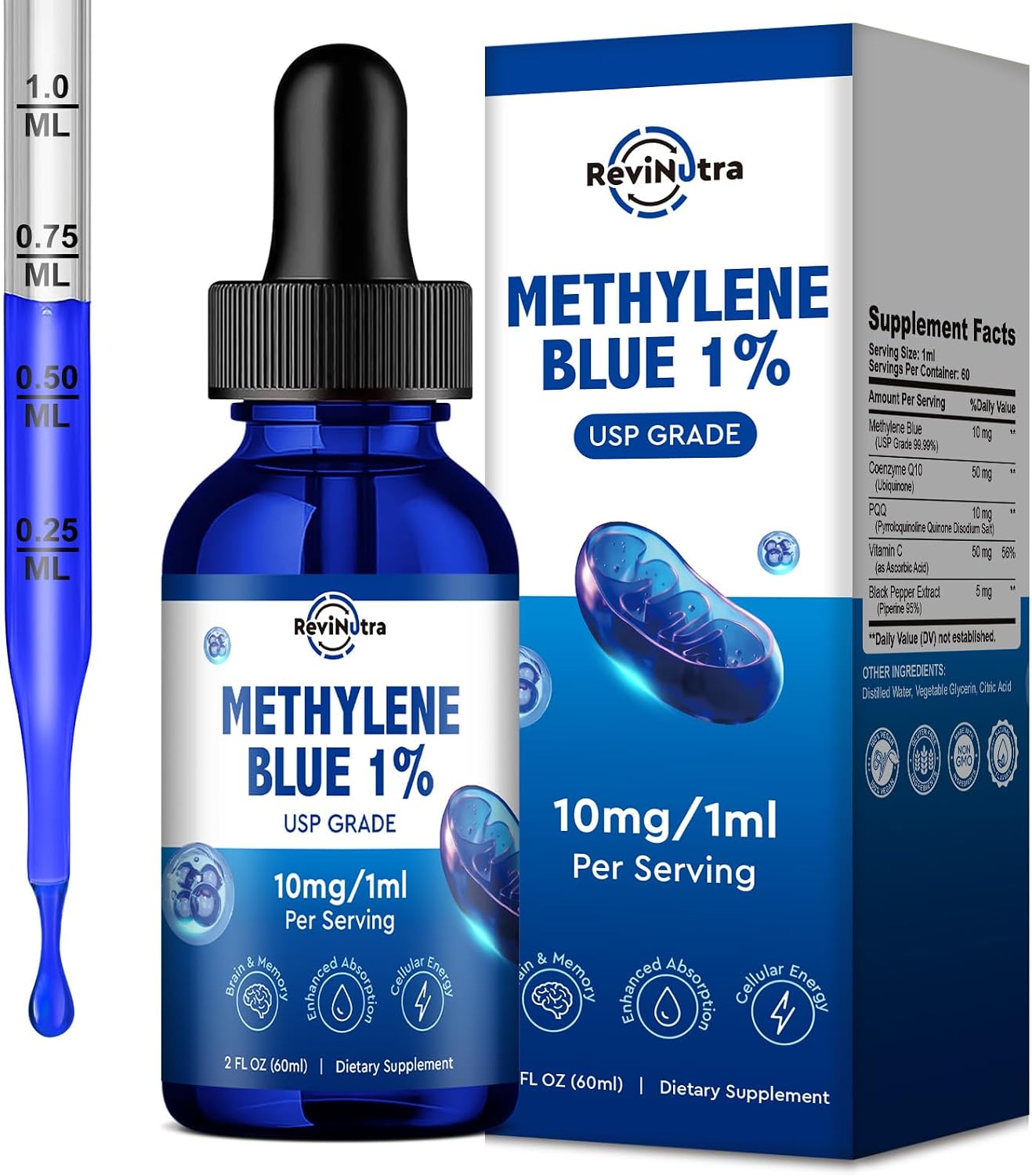 Gotas de Azul de Metileno, Grado Farmacéutico para Humanos, Suplemento Líquido para la Salud Cerebral con PQQ, CoQ10, Vitamina C, Extracto de Pimienta Negra para Apoyo Cognitivo, Grado USP 1%, 60 ml