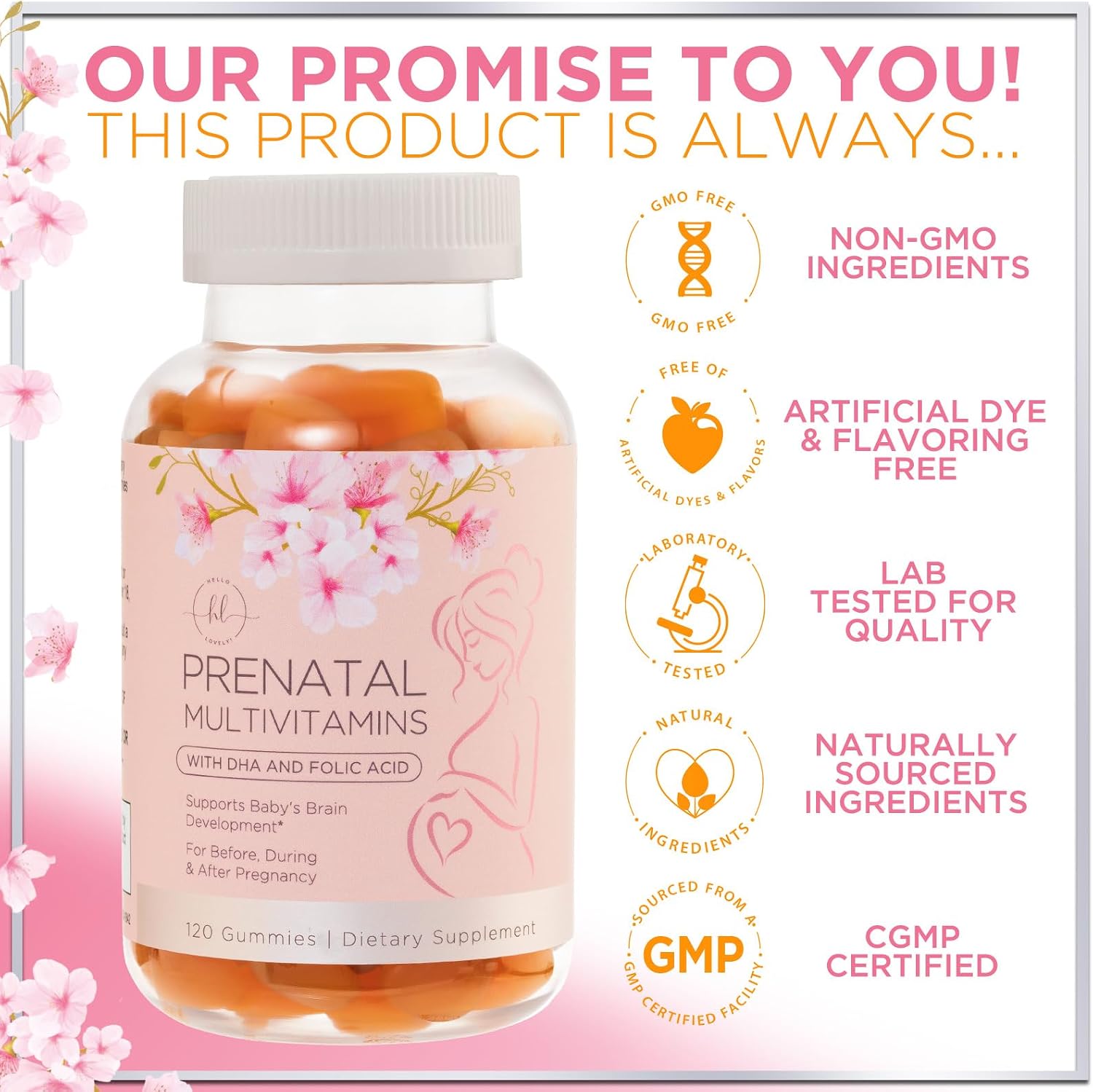 Vitaminas Prenatales para Mujeres – Multivitamínico Completo para el Embarazo – Ácido Fólico, Omega 3 DHA, Colina, Vitamina D – Sabor Naranja – 120 Gominolas