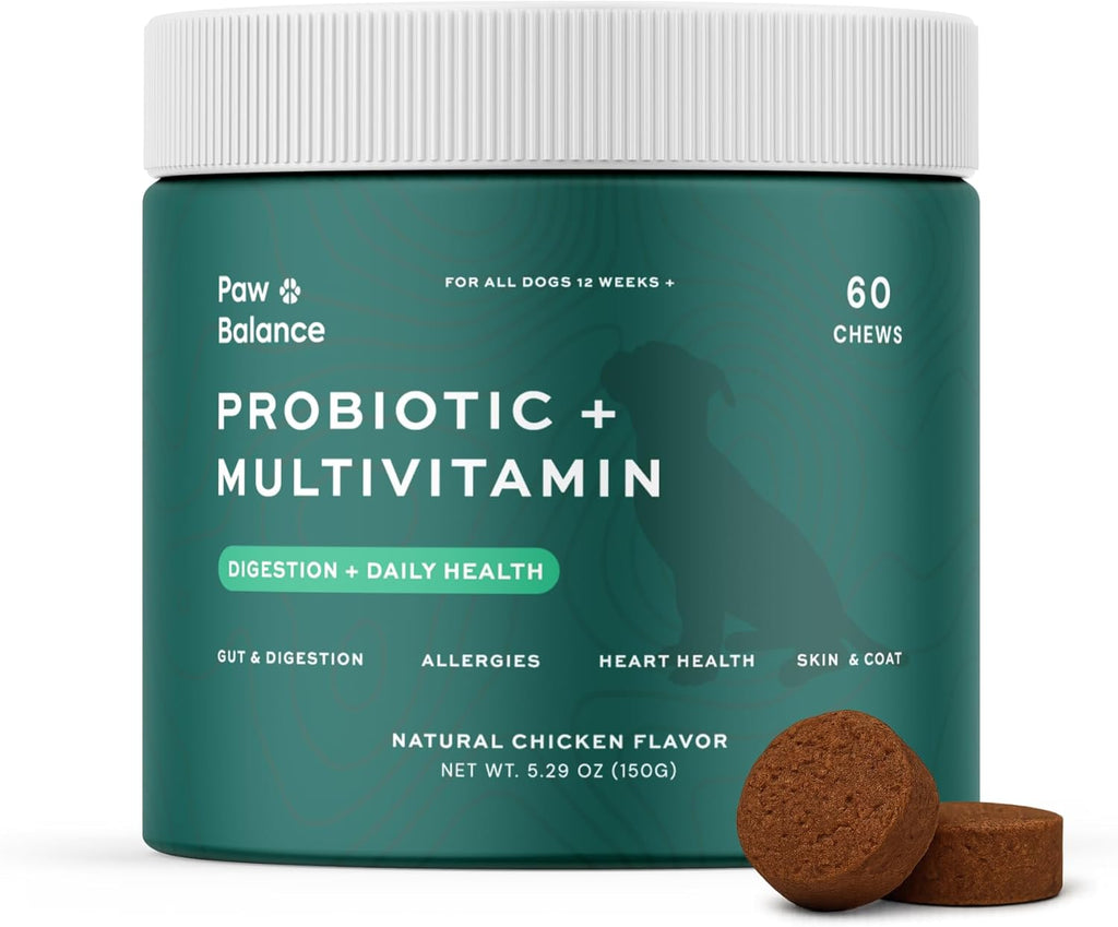 Paw Balance Probióticos y Multivitamínicos para Perros - 60 Masticables con Omega 3 y Calostro