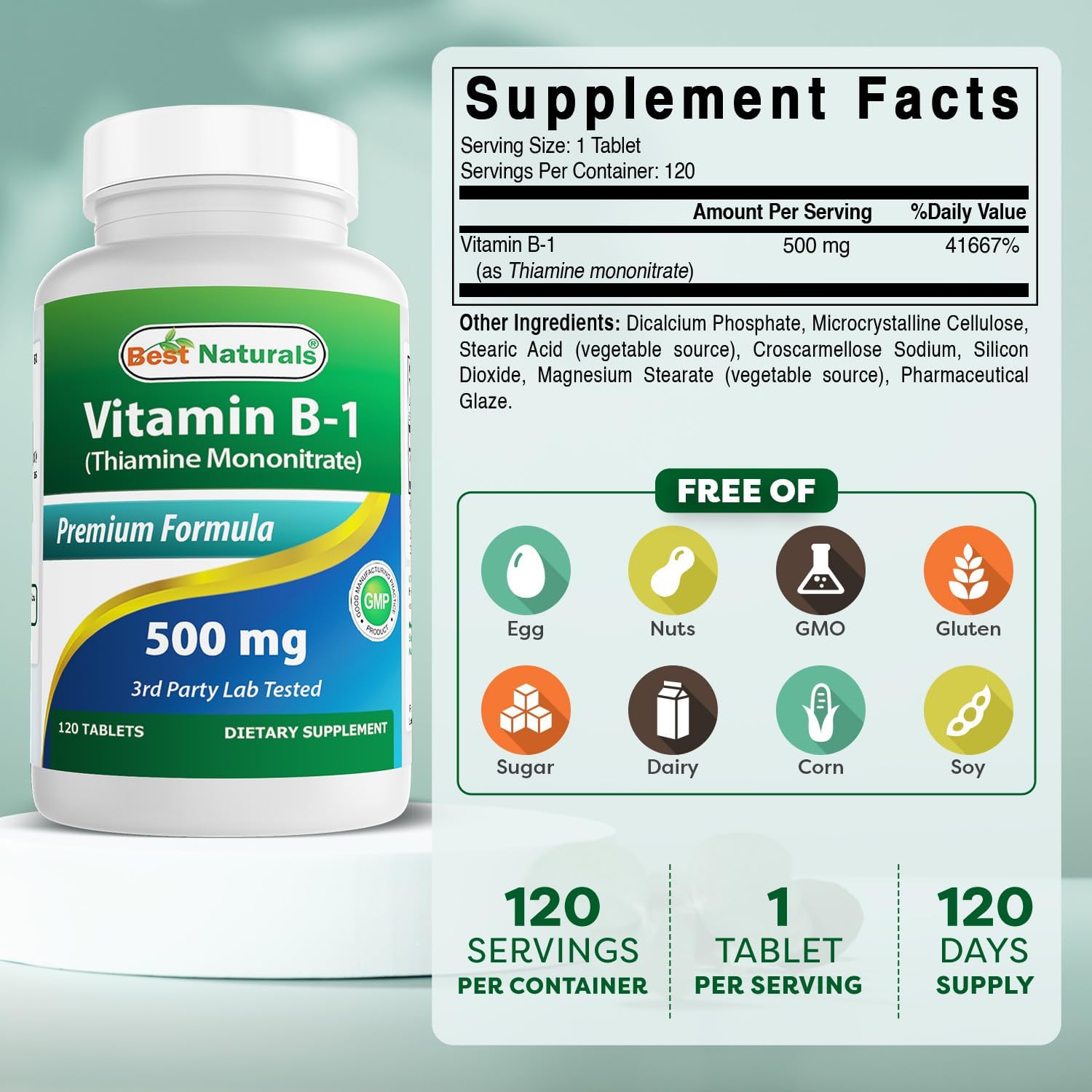 Best Naturals Vitamina B1 como Tiamina Mononitrato 500 mg, 120 Comprimidos (Pack de 2)